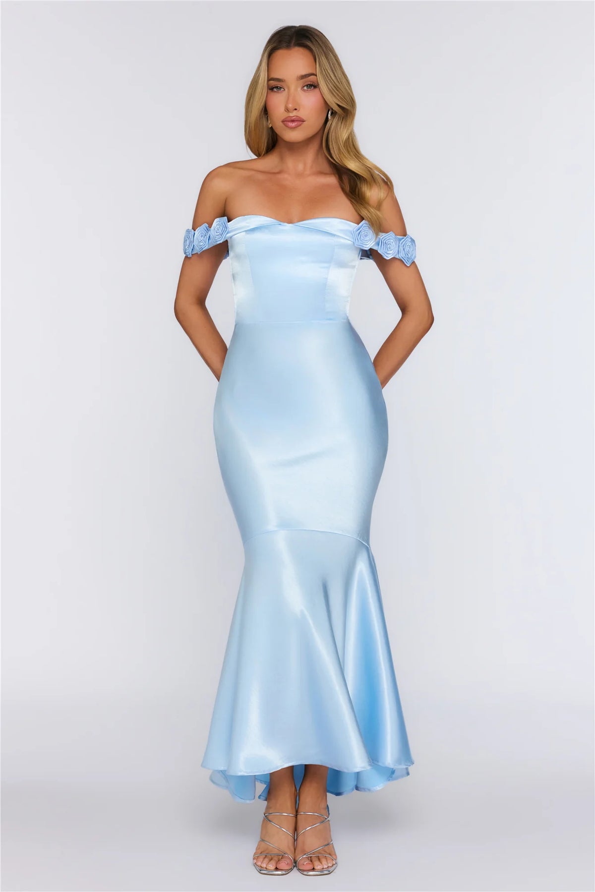 Falling Soft Satin Off Shoulder Maxi Dress Blue