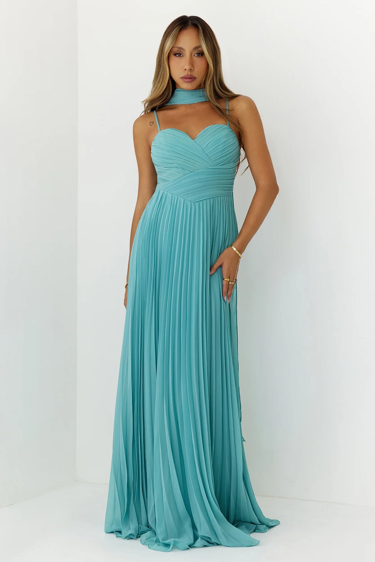 Sweetheart Pleated Scarf Maxi Dress Mint
