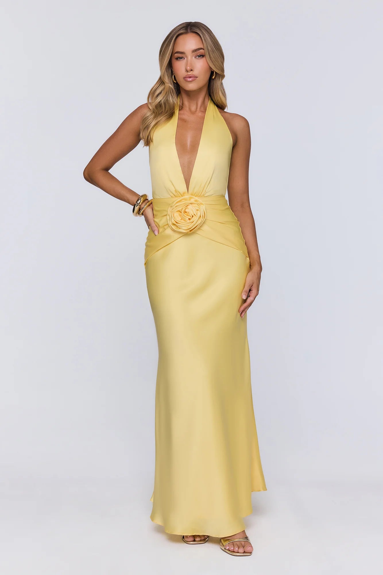 Vibe Star Halter Satin Maxi Dress Yellow