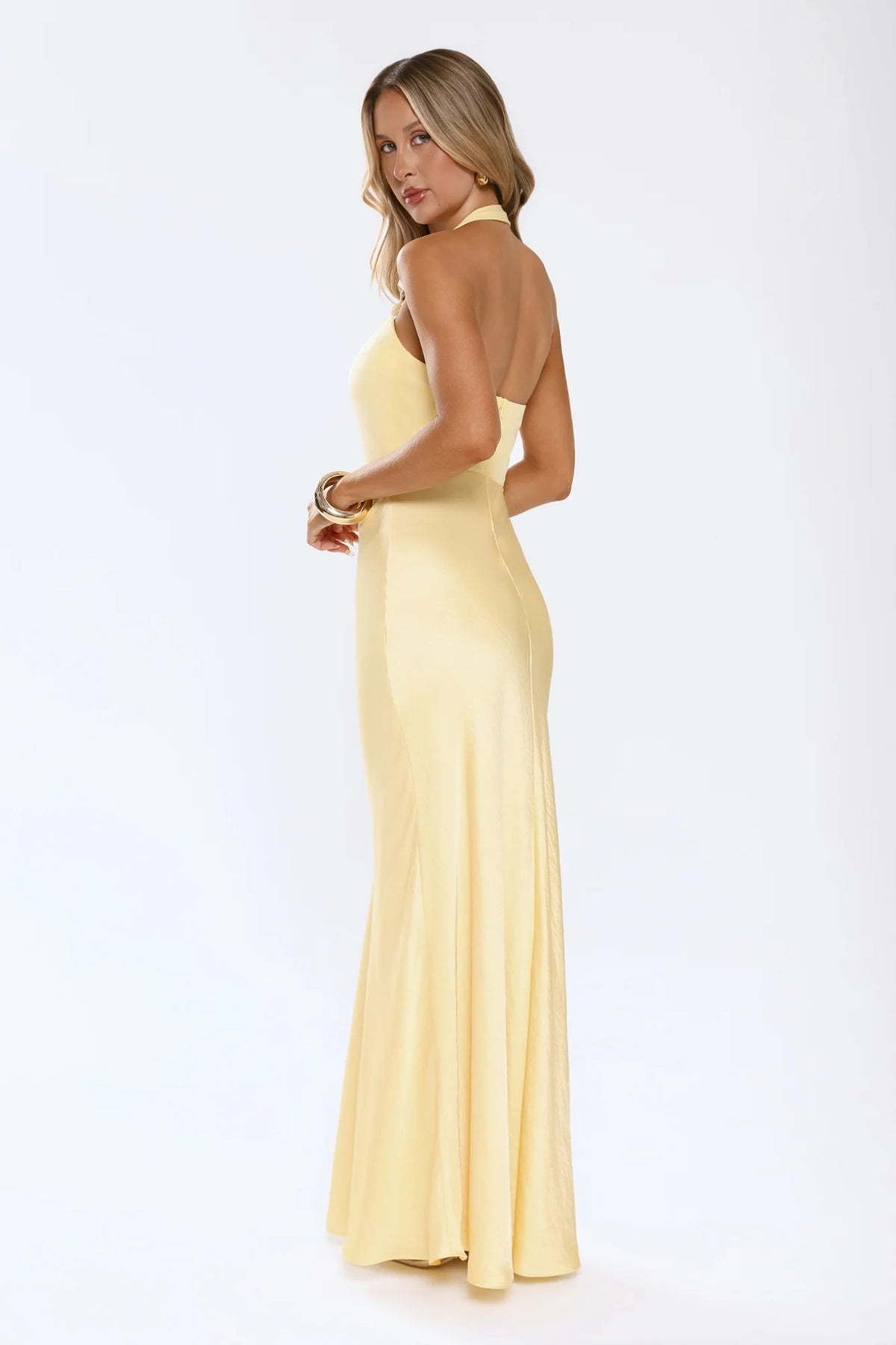 The Dress Effect Satin Halter Maxi Dress Yellow
