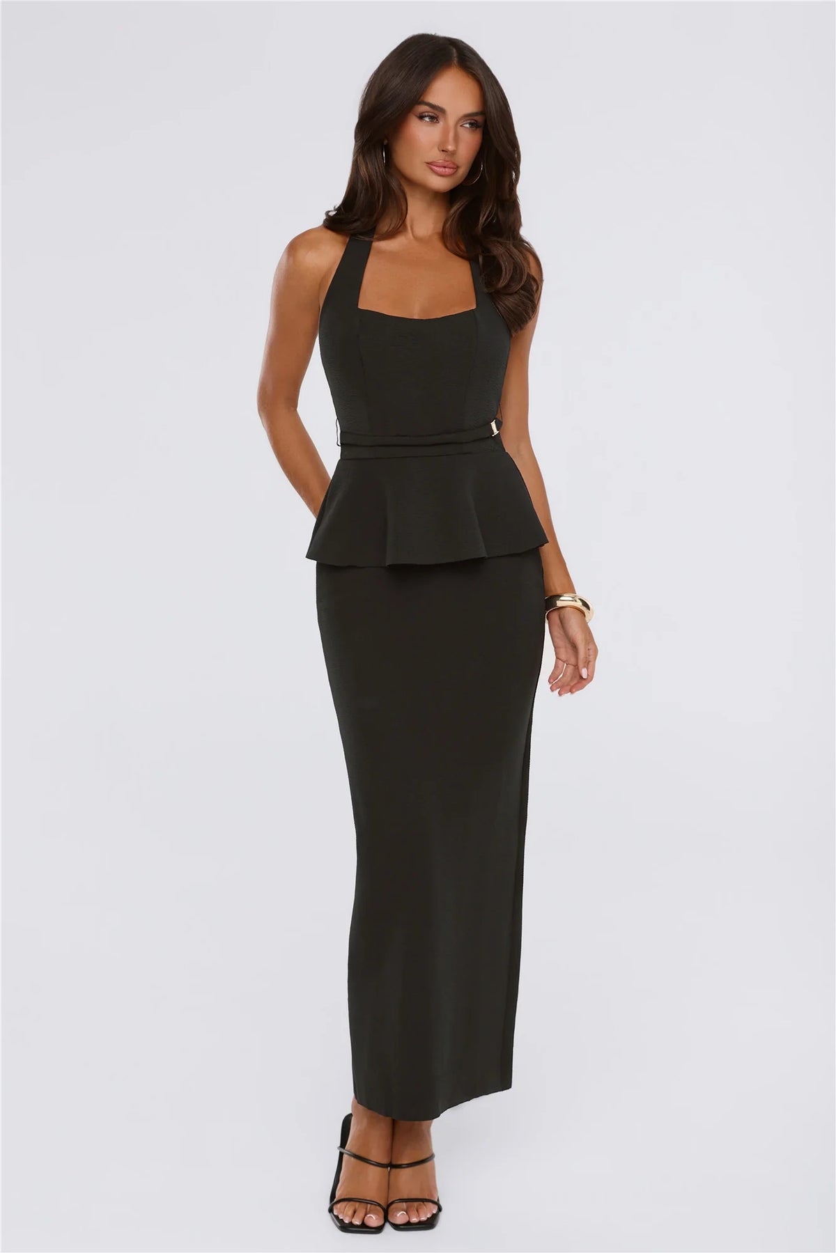 Own The Room Peplum Halter Maxi Dress Black