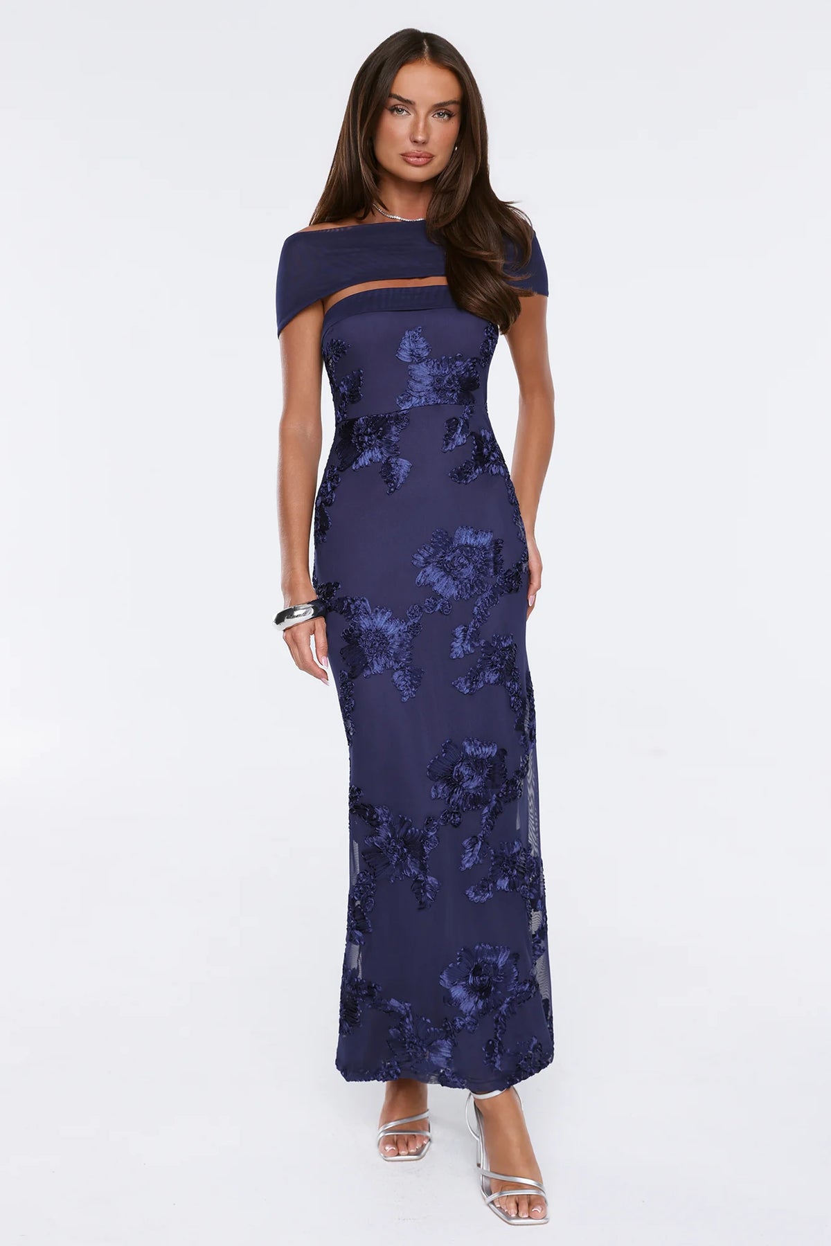 Worth the Plans Mesh Off Shoulder Maxi Dress Navy