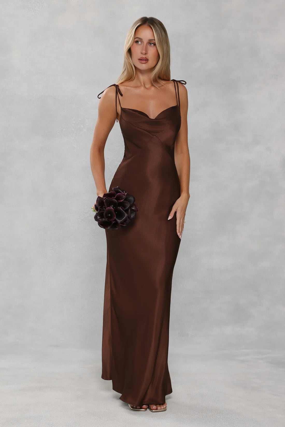 The Penelope Cowl Satin Maxi Dress Chocolate Brown