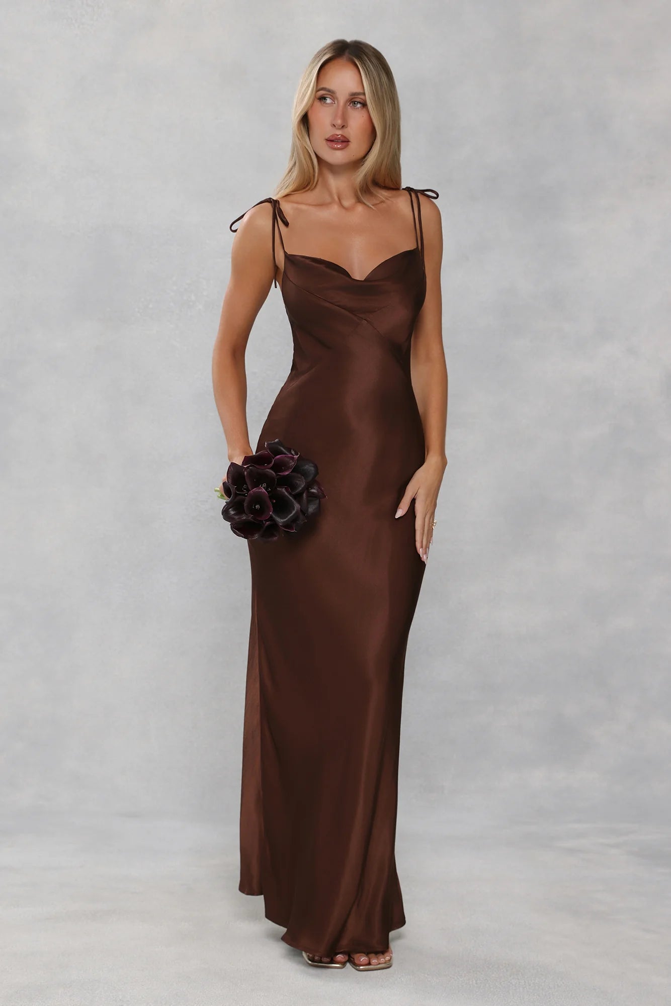 The Penelope Cowl Satin Maxi Dress Chocolate Brown