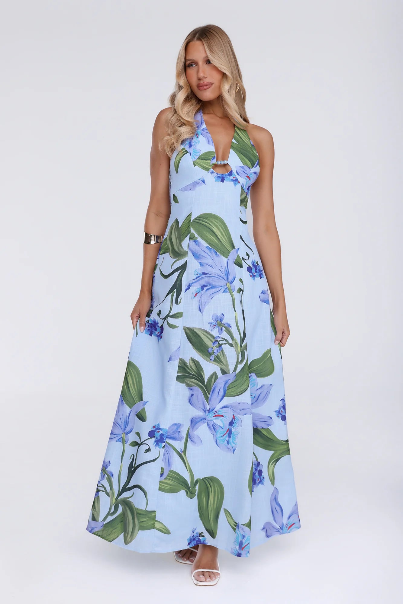 Fleur Flicker Halter Maxi Dress Blue