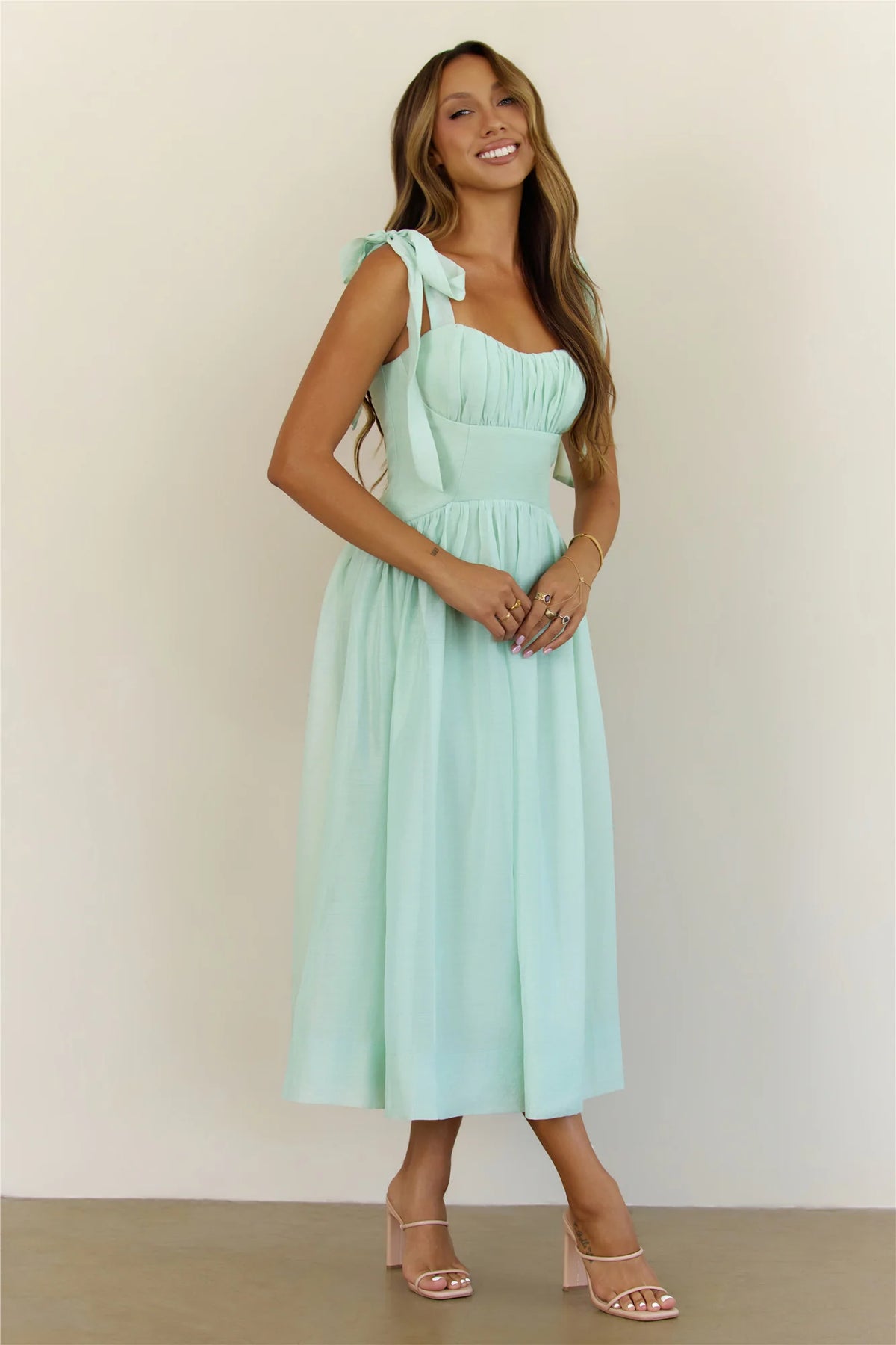 Sweetest Escape Ruched Tie Shoulder Midi Dress Mint