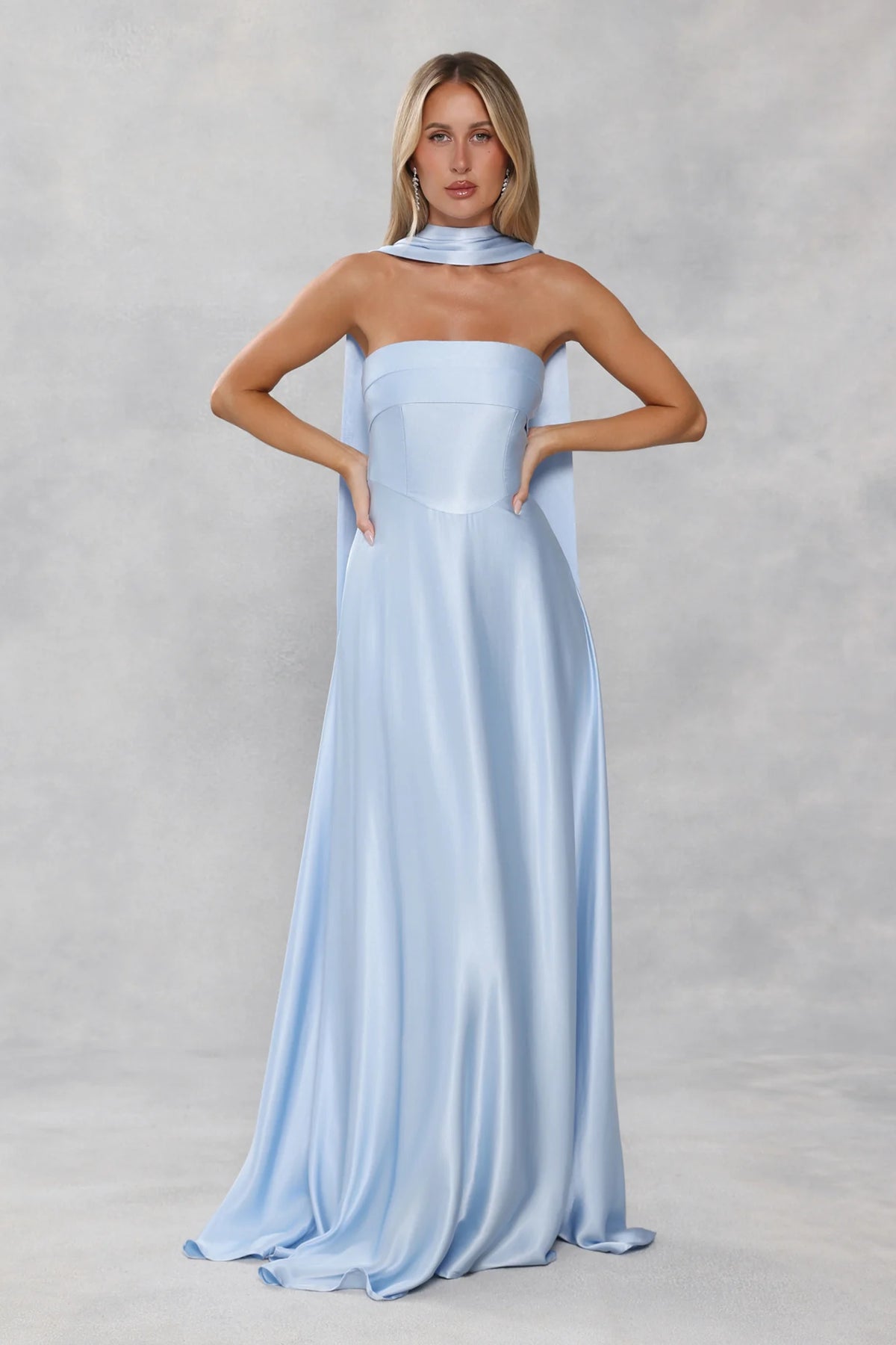 The Serina Strapless Satin Maxi Dress Light Blue