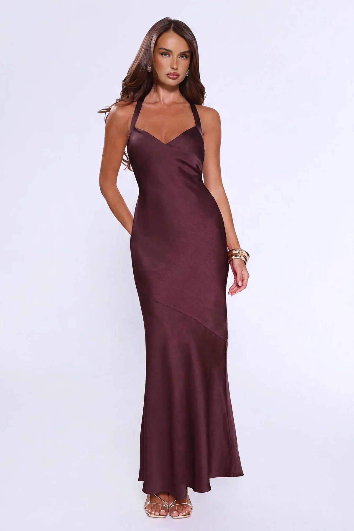 Spotlight Energy Satin Maxi Dress Chocolate