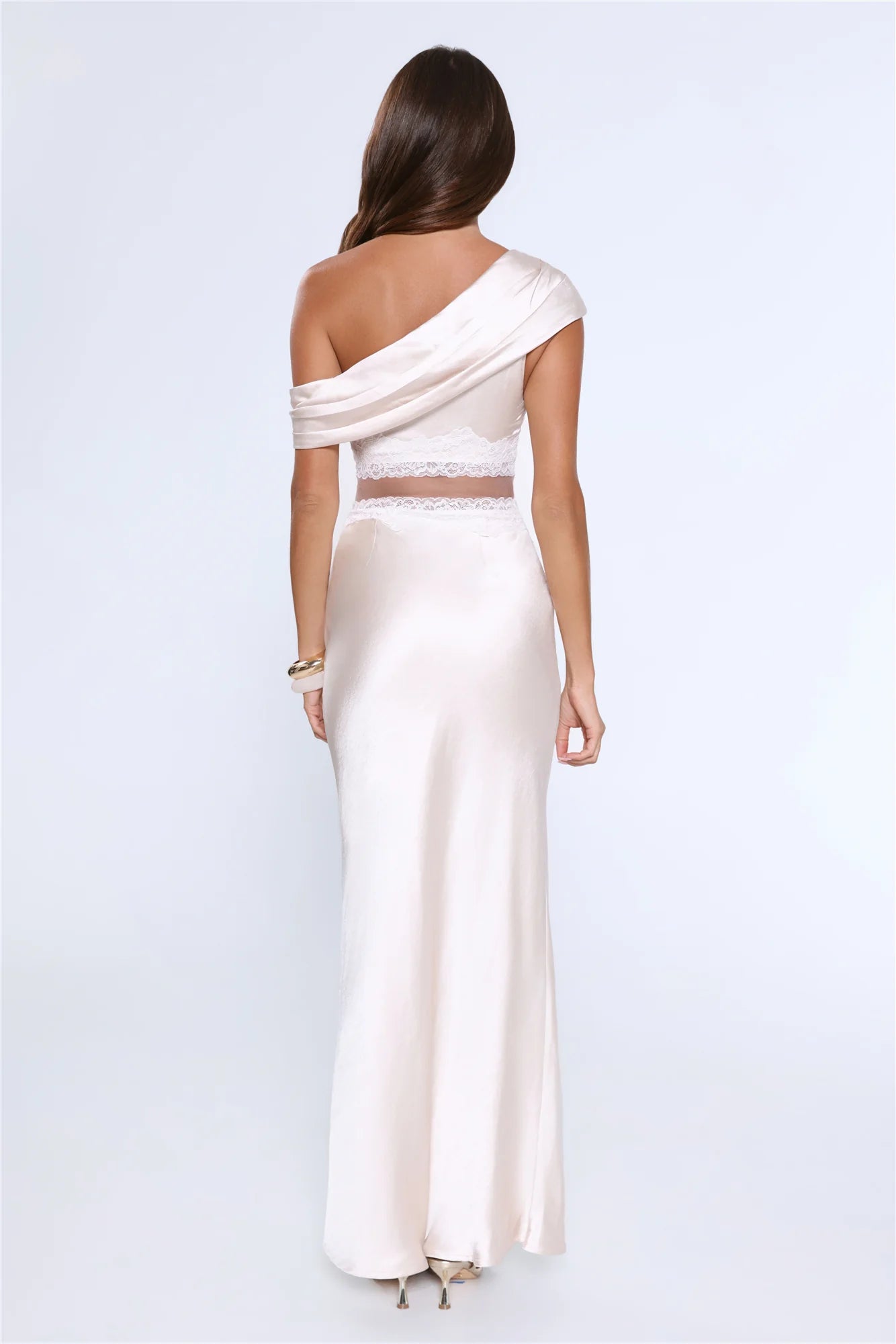 Under Candlelights Off Shoulder Satin Maxi Dress Champagne