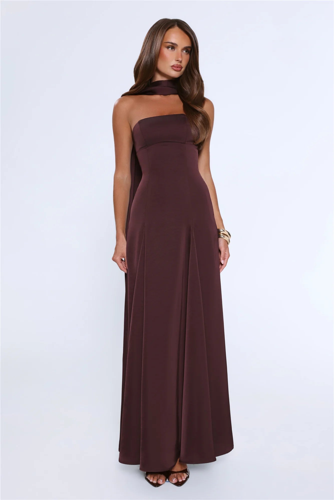 Satin Tempt Strapless Maxi Dress Chocolate