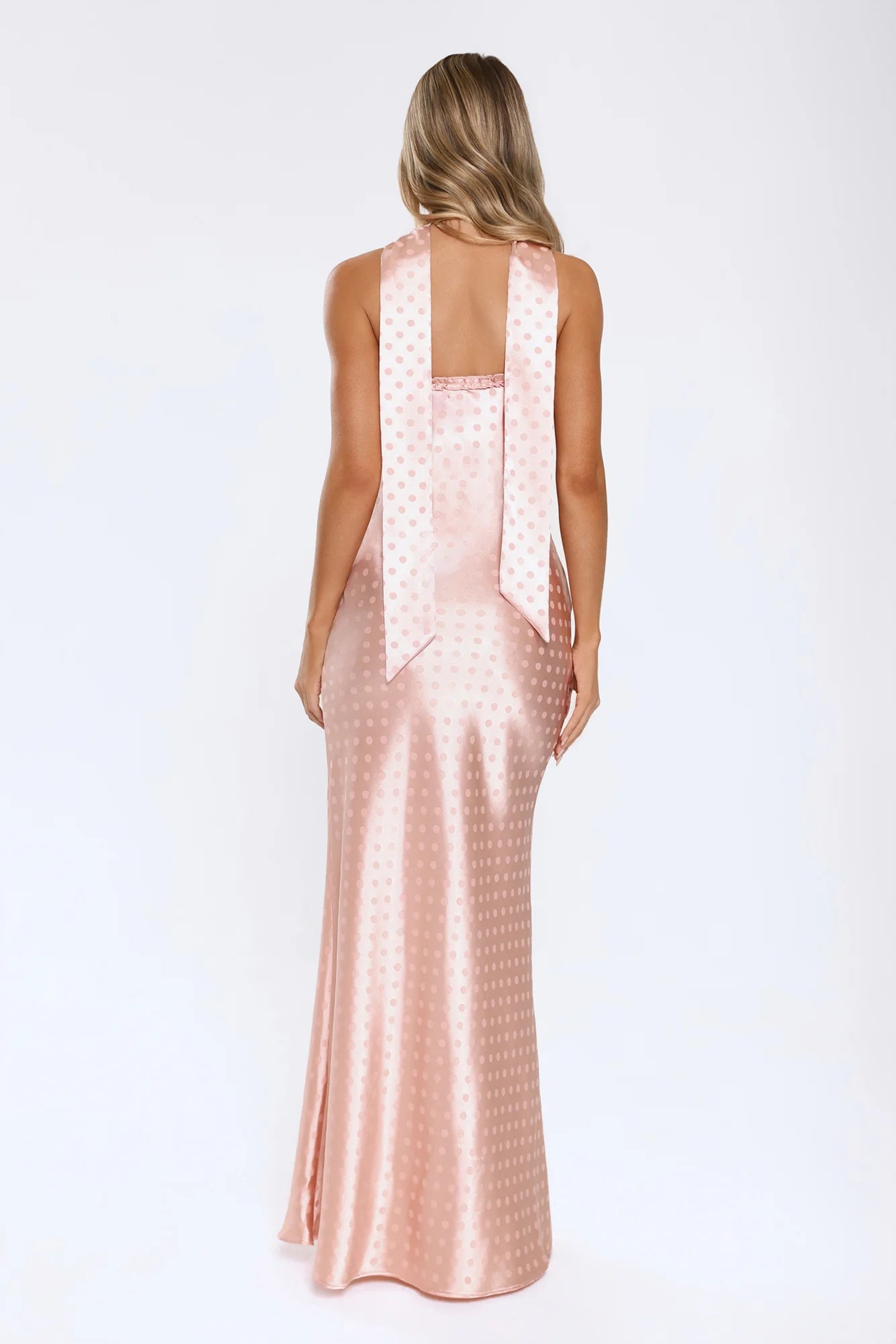 Summer Tease Polka Dot Satin Maxi Dress Pink