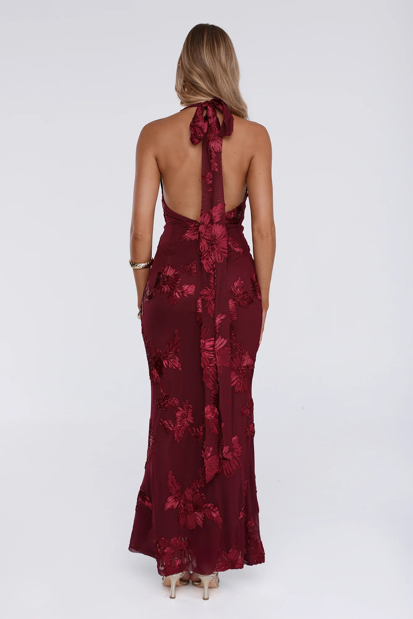 Lime Light Mesh Halter Maxi Dress Wine