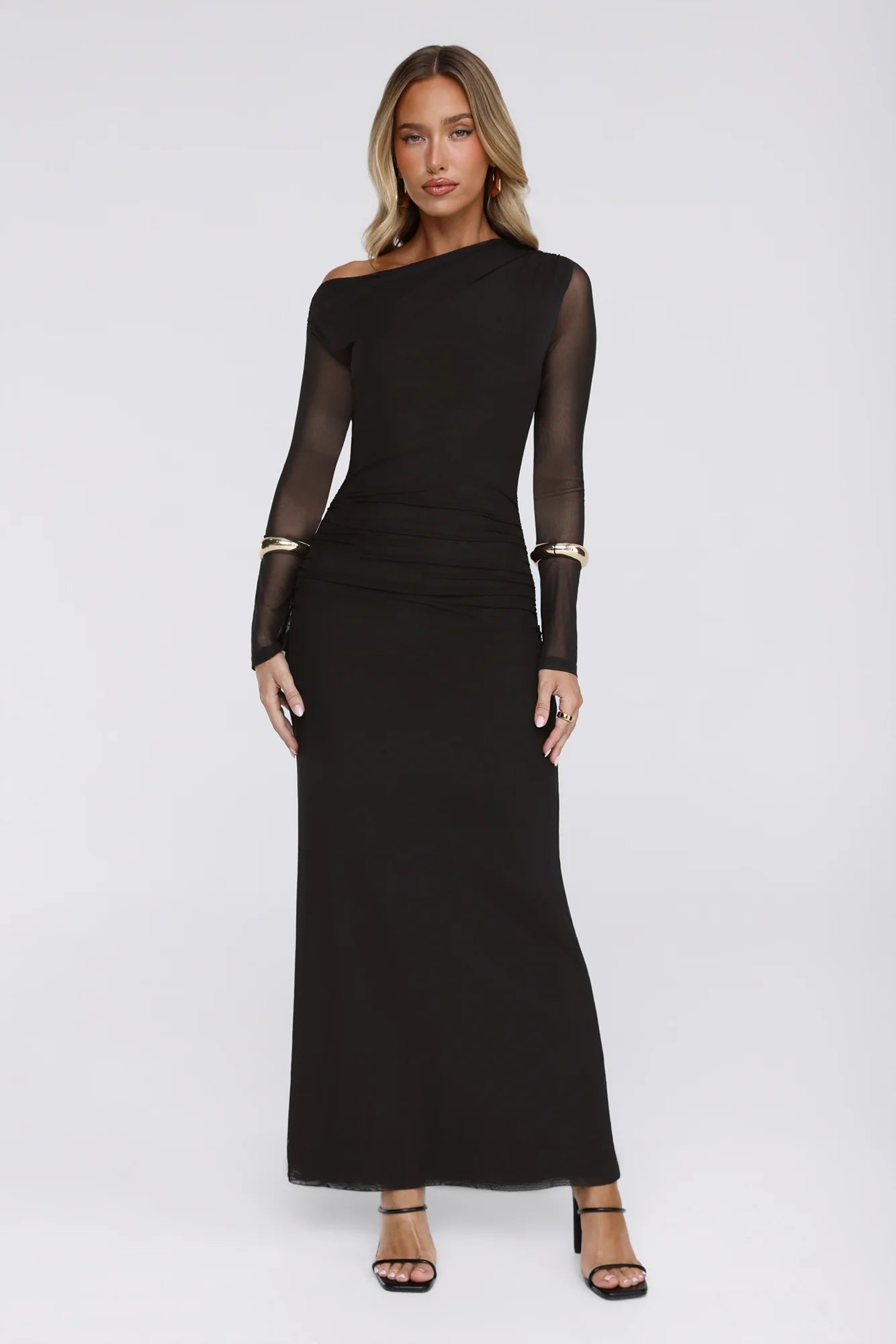 Effortlessly Influential Off Shoulder Mesh Long Sleeve Maxi Dress Black