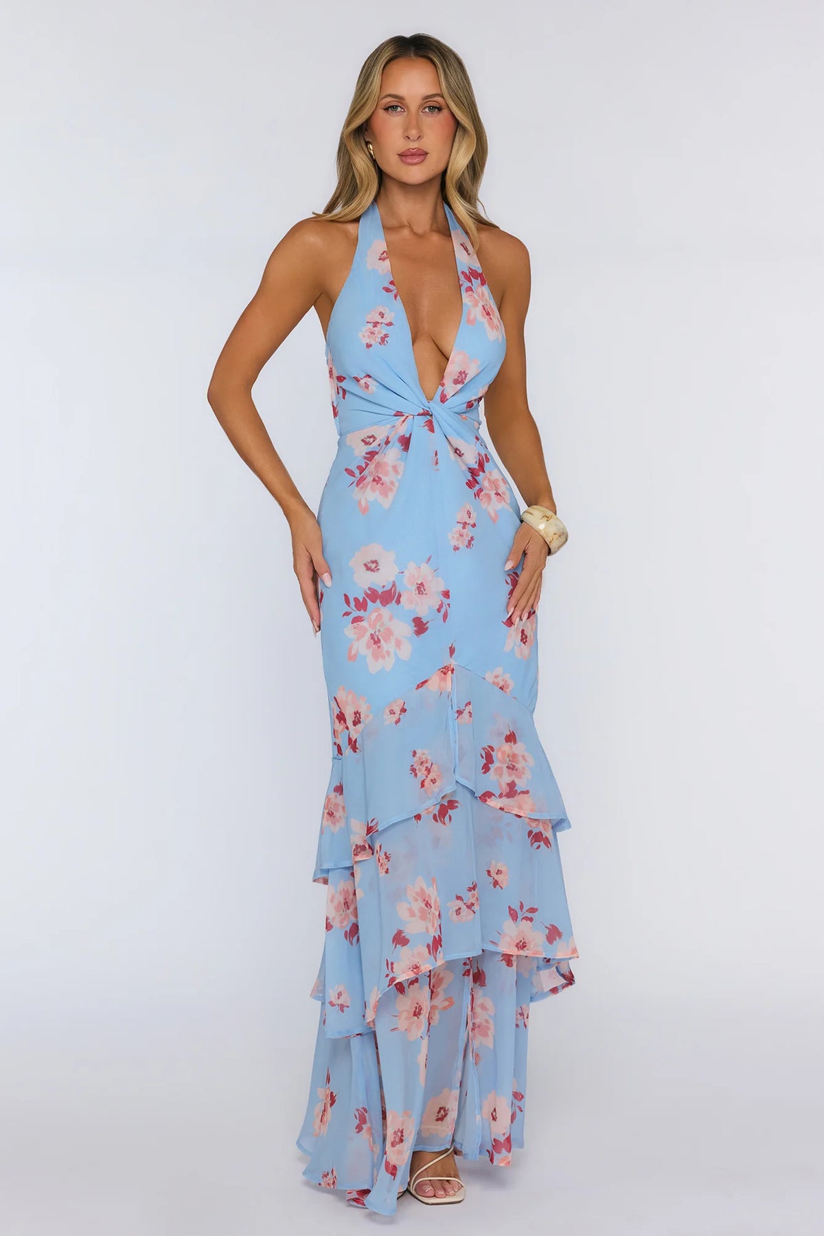 Floral Halter Twist Detail Tiered Maxi Dress Blue