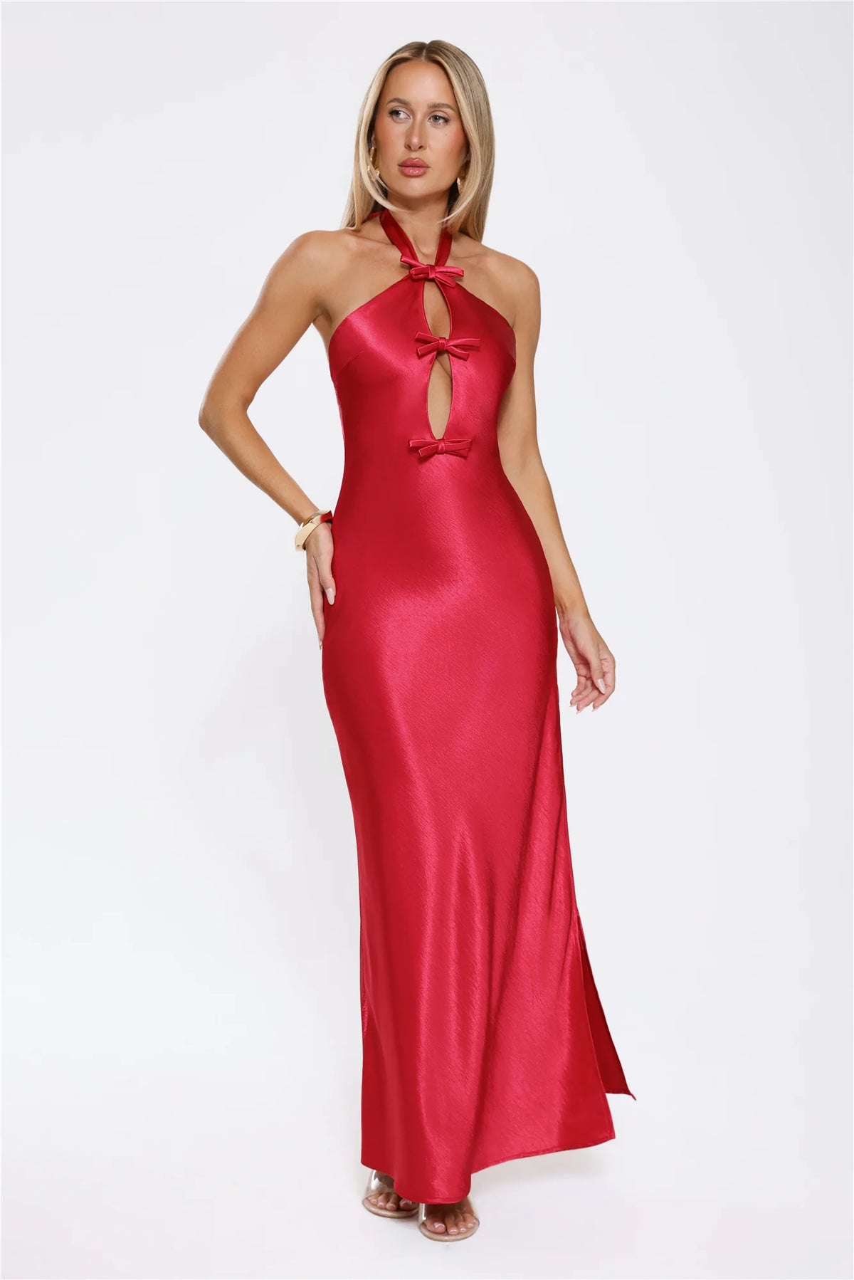 Sleek Halter Neck Cutout Satin Maxi Dress Red
