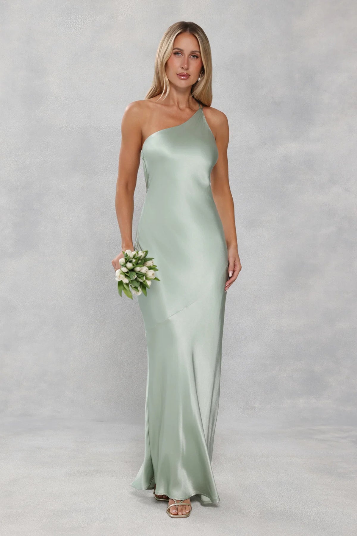 The Evangeline One Shoulder Satin Maxi Dress Sage Green