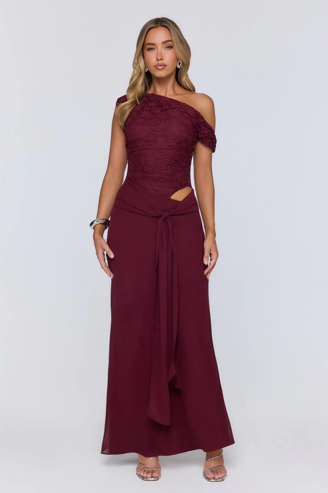 Modern Heritage Off Shoulder Maxi Dress Burgundy