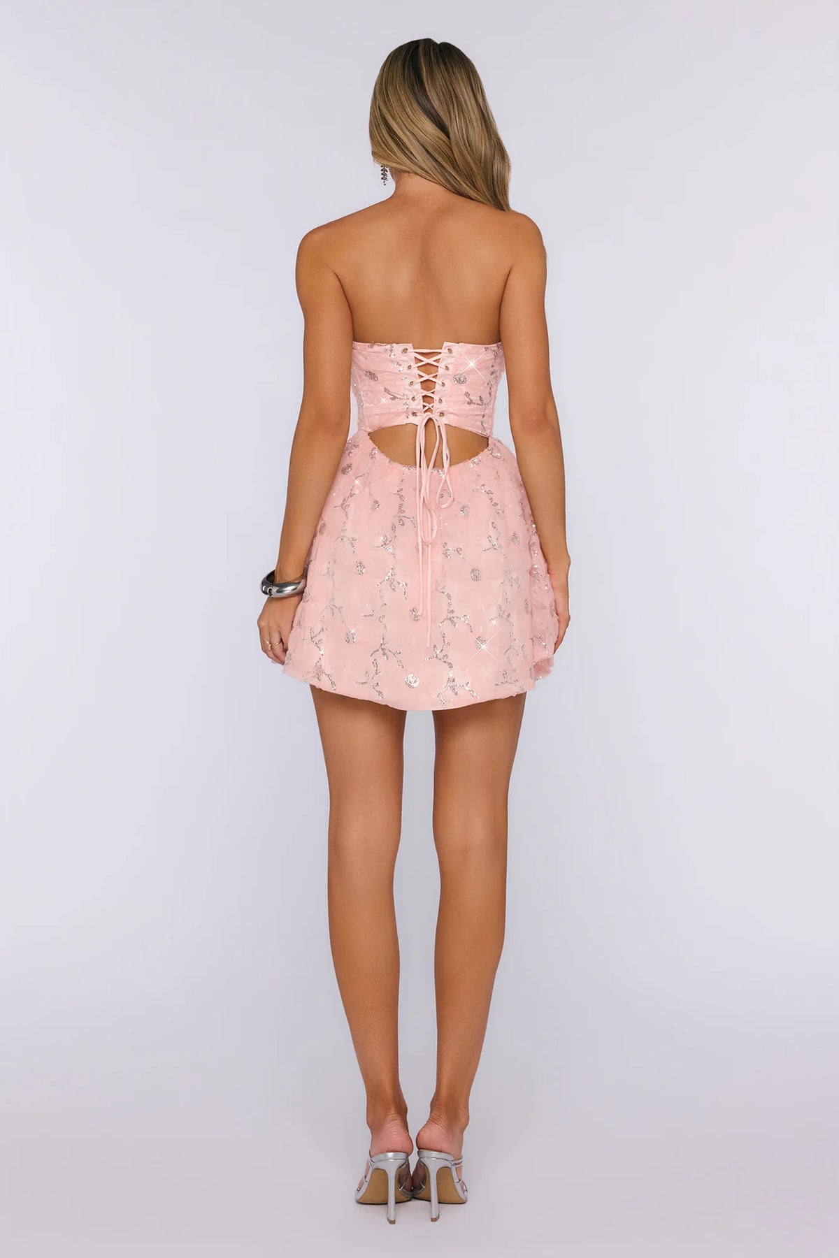 Floral Shimmer Strapless Mini Dress Pink