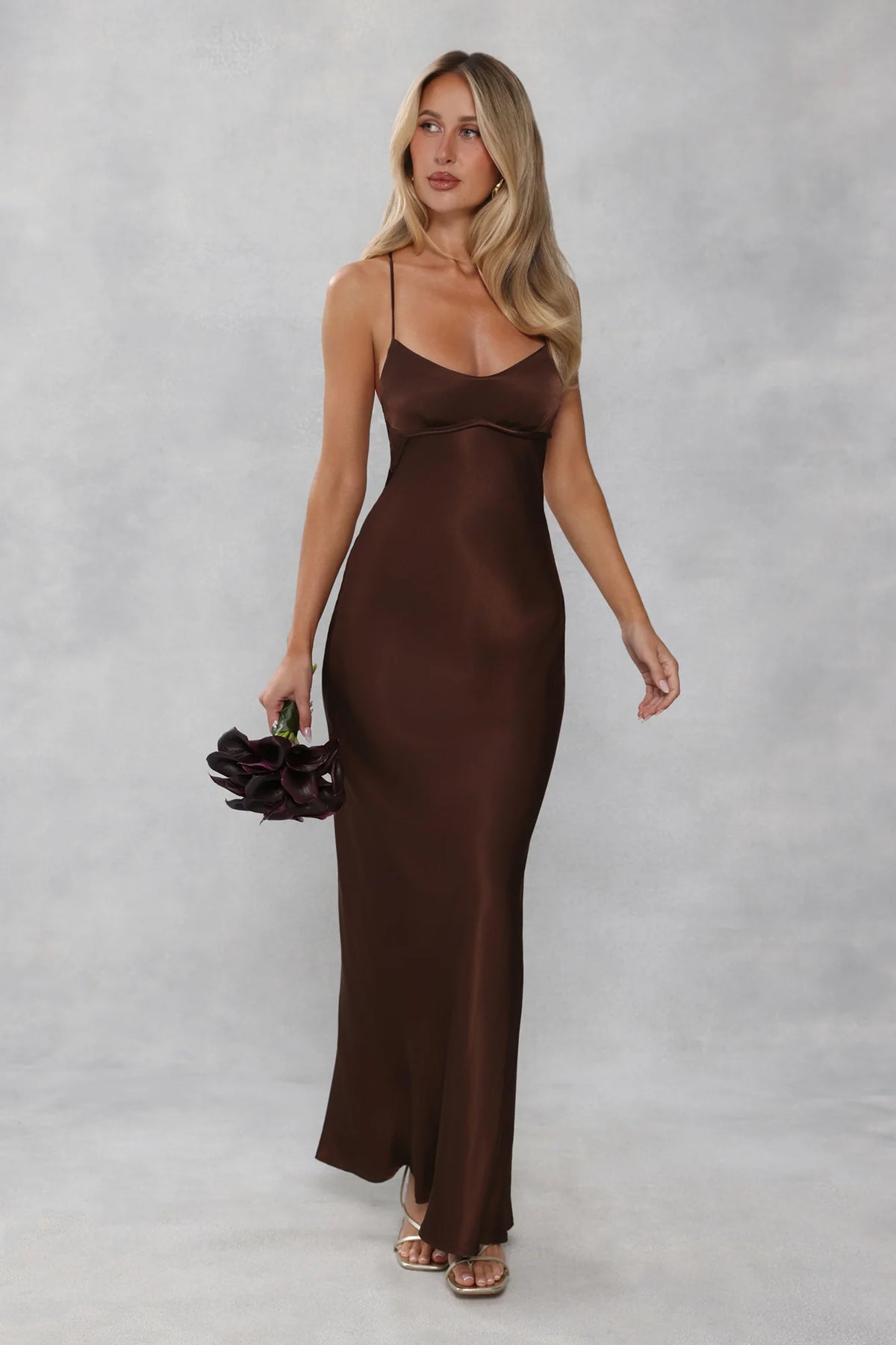 The Samara Satin Maxi Dress Chocolate Brown