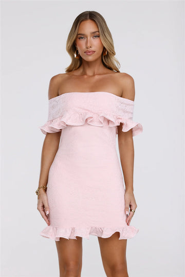 Glimmering Noir Off Shoulder Lace Mini Dress Pink