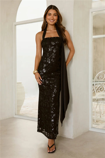 Sparkle Moon Lace Sequin Halter Maxi Dress Black