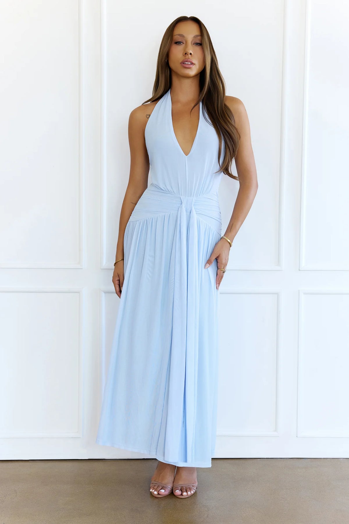 Whispered Promises Halter Mesh Maxi Dress Blue