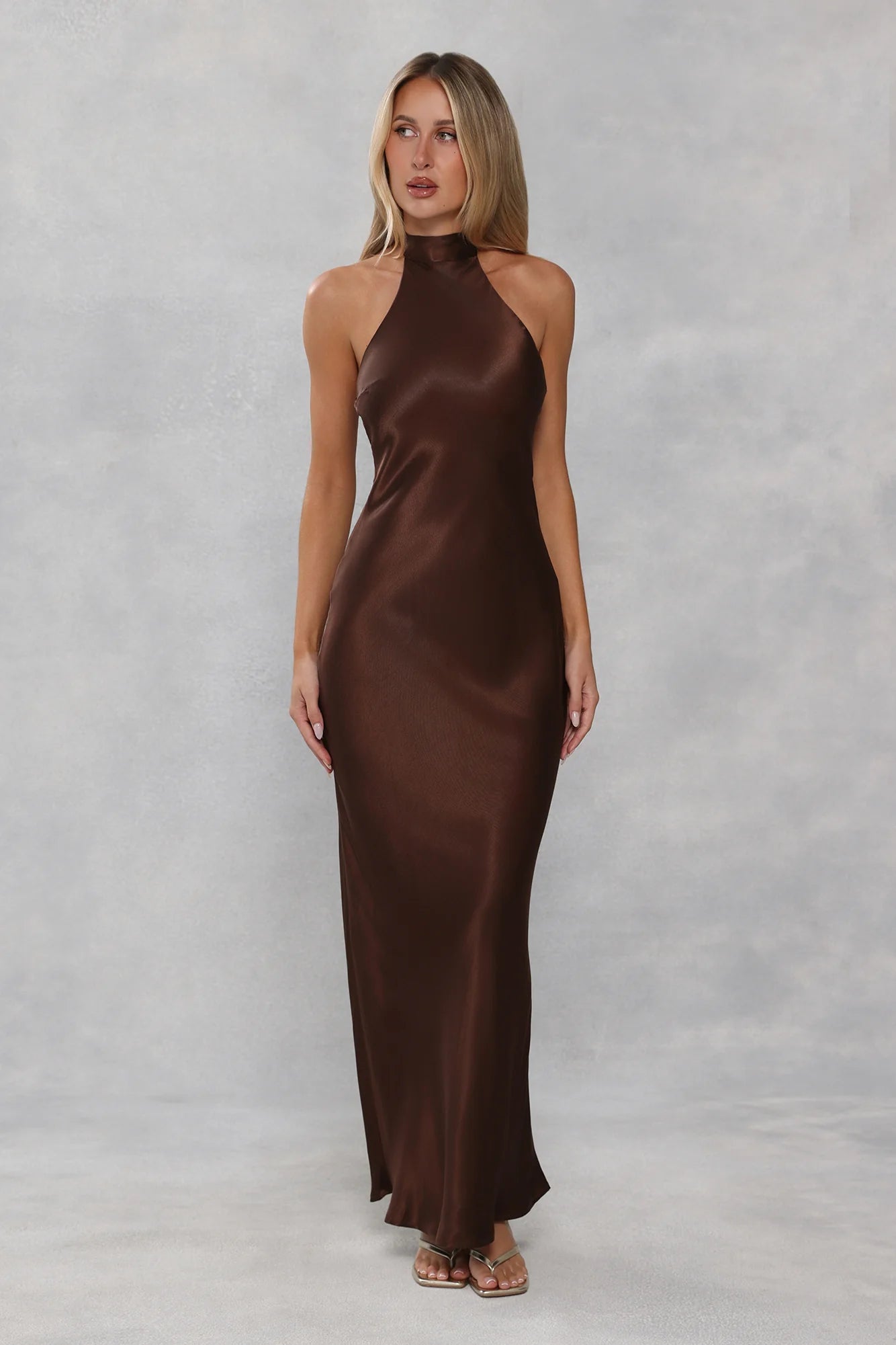The Cleo Halter Satin Maxi Dress Chocolate Brown