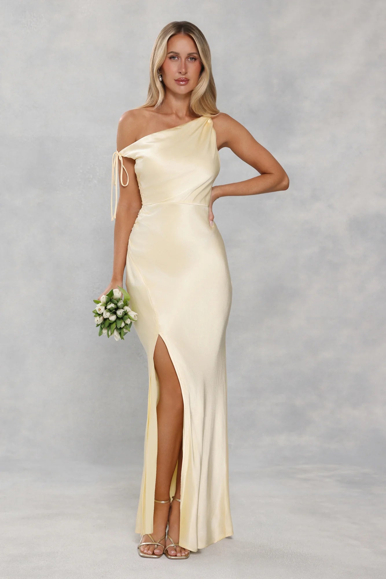The Clover Off Shoulder Satin Maxi Dress Yellow