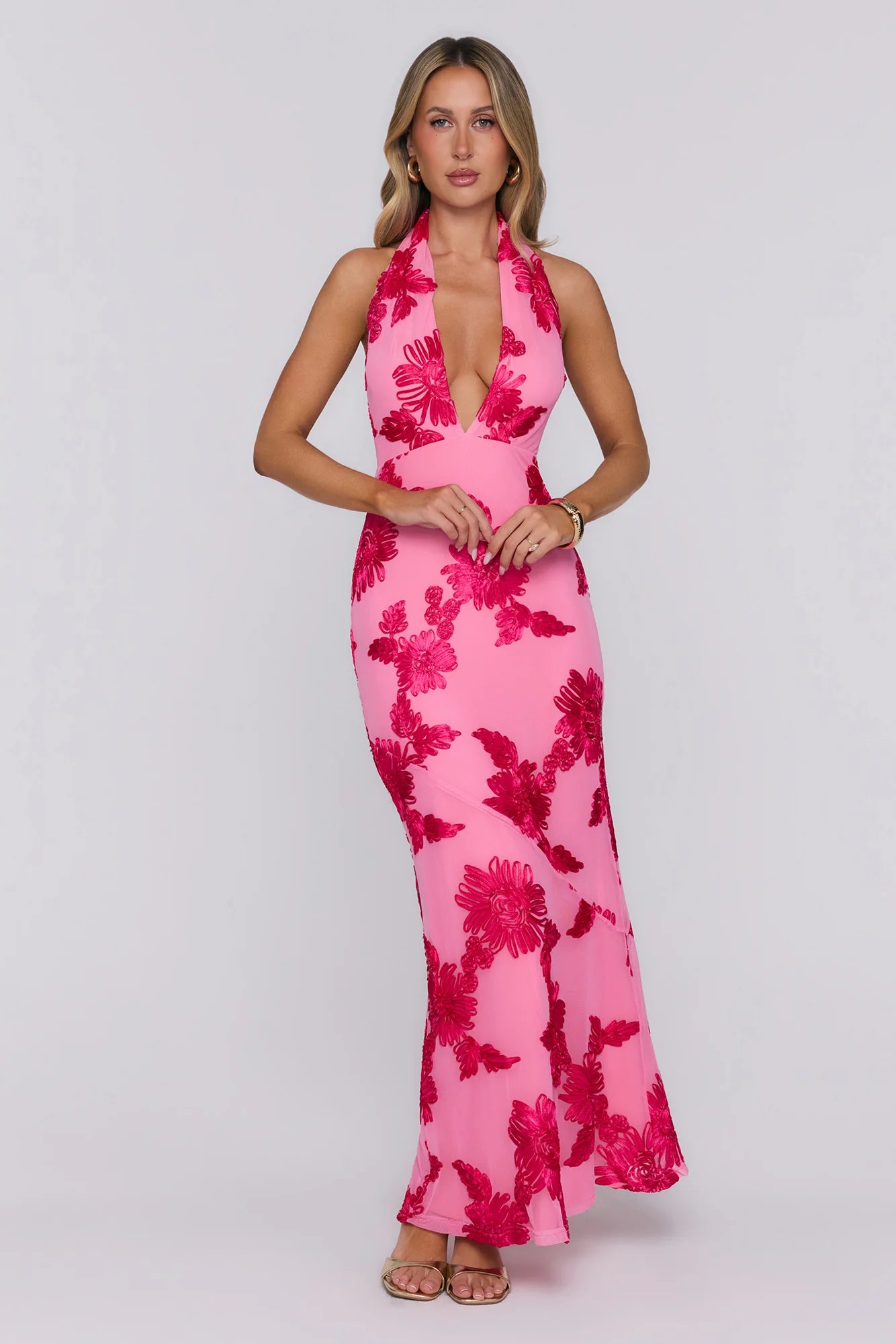 Electric Darling Mesh Halter Maxi Dress Pink