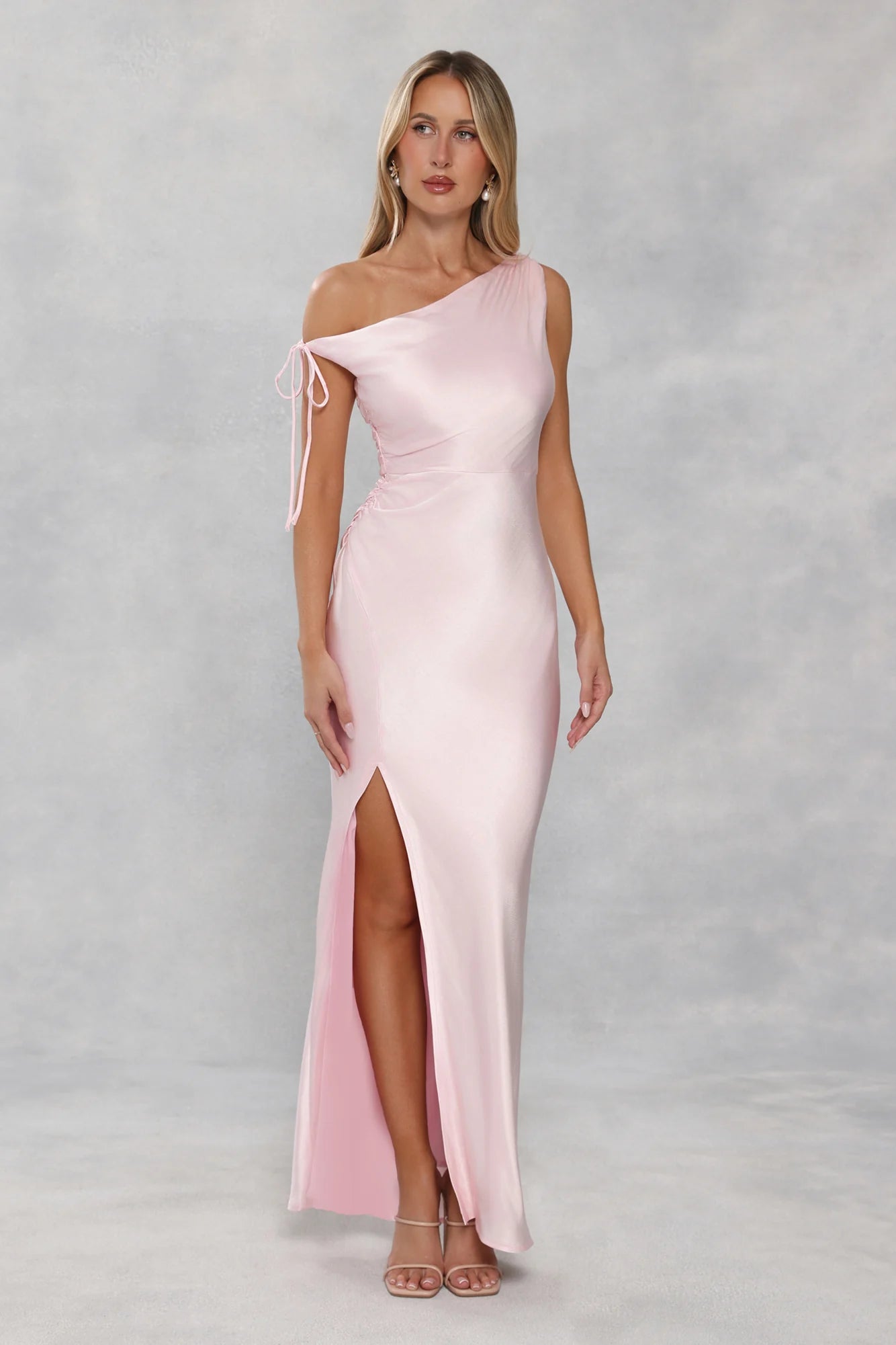 The Clover Off Shoulder Satin Maxi Dress Light Pink