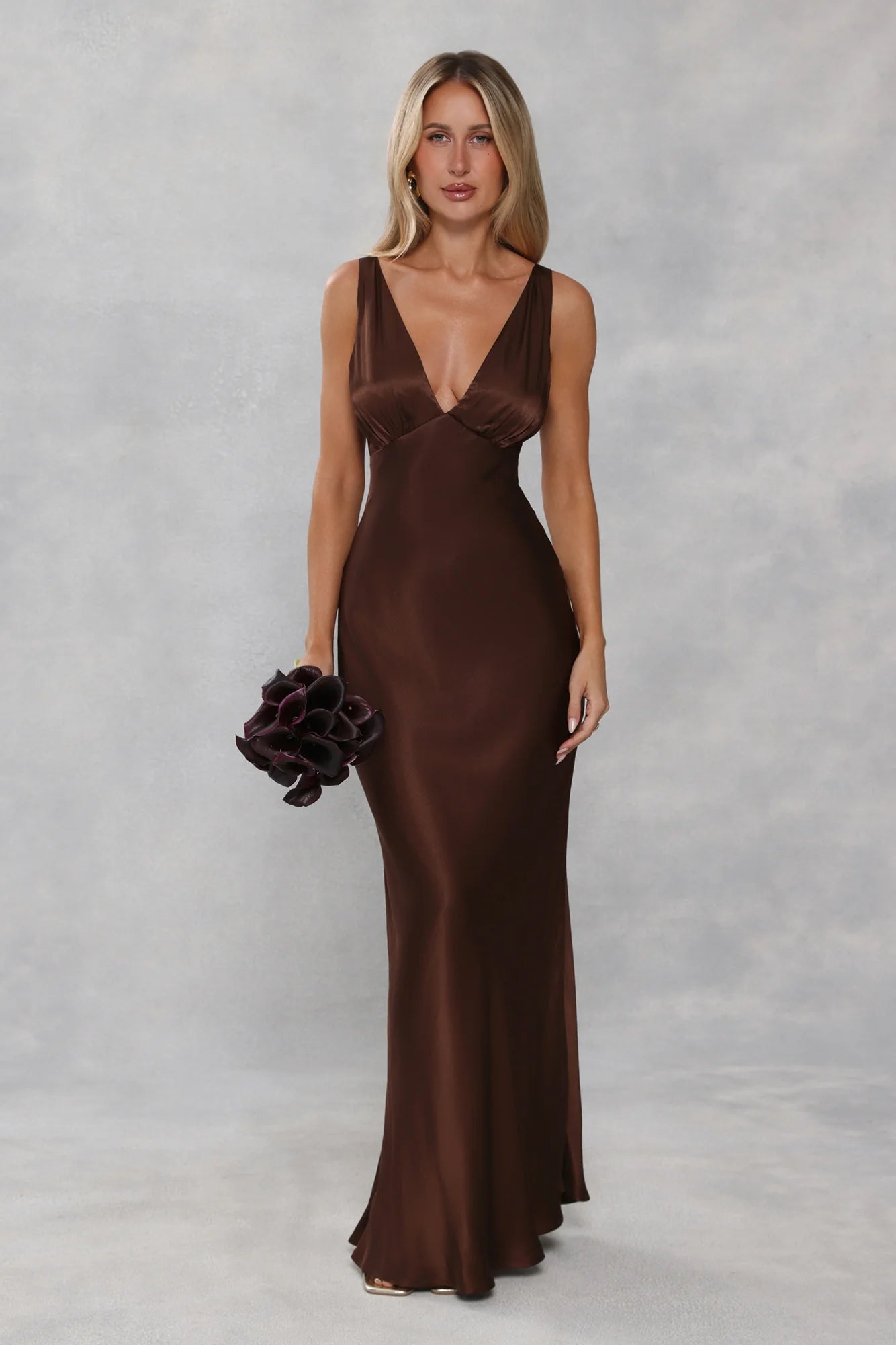 The Isabeau Satin Maxi Dress Chocolate Brown