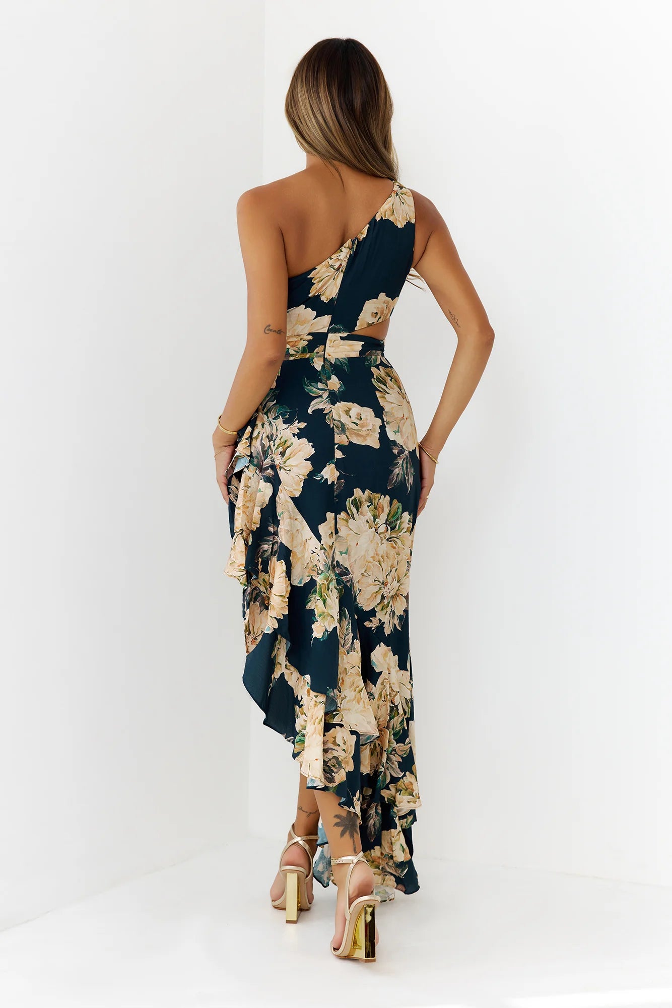 Floral One Shoulder Cutout Maxi Dress Navy