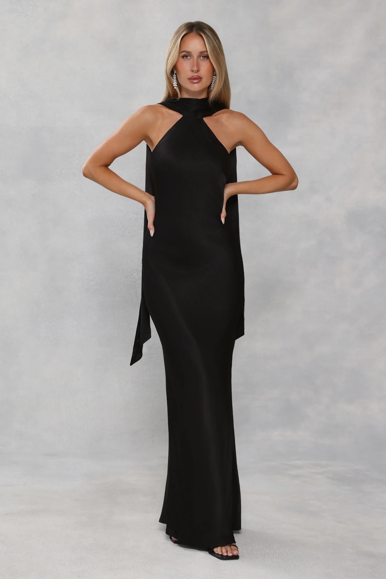 The Vivia Halter Satin Maxi Dress Black