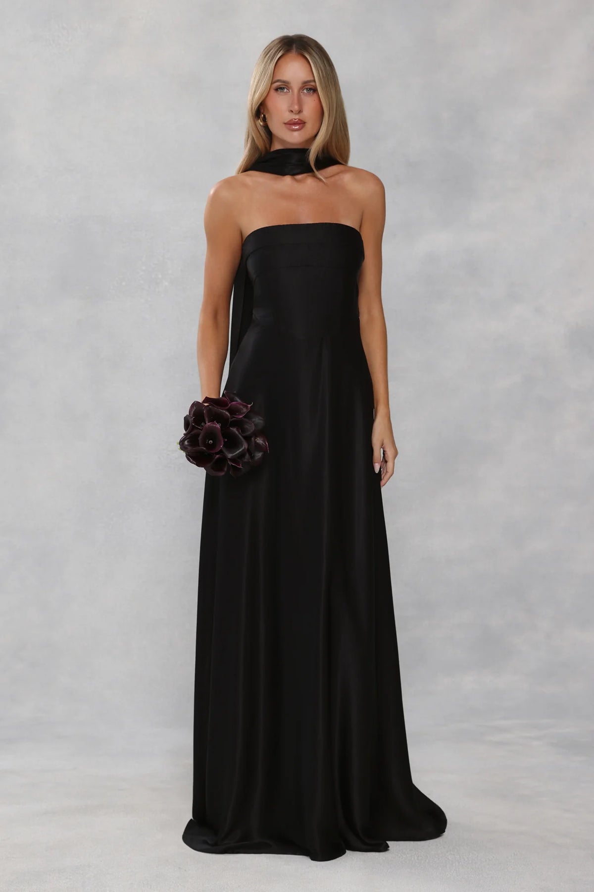 The Serina Strapless Satin Maxi Dress Black