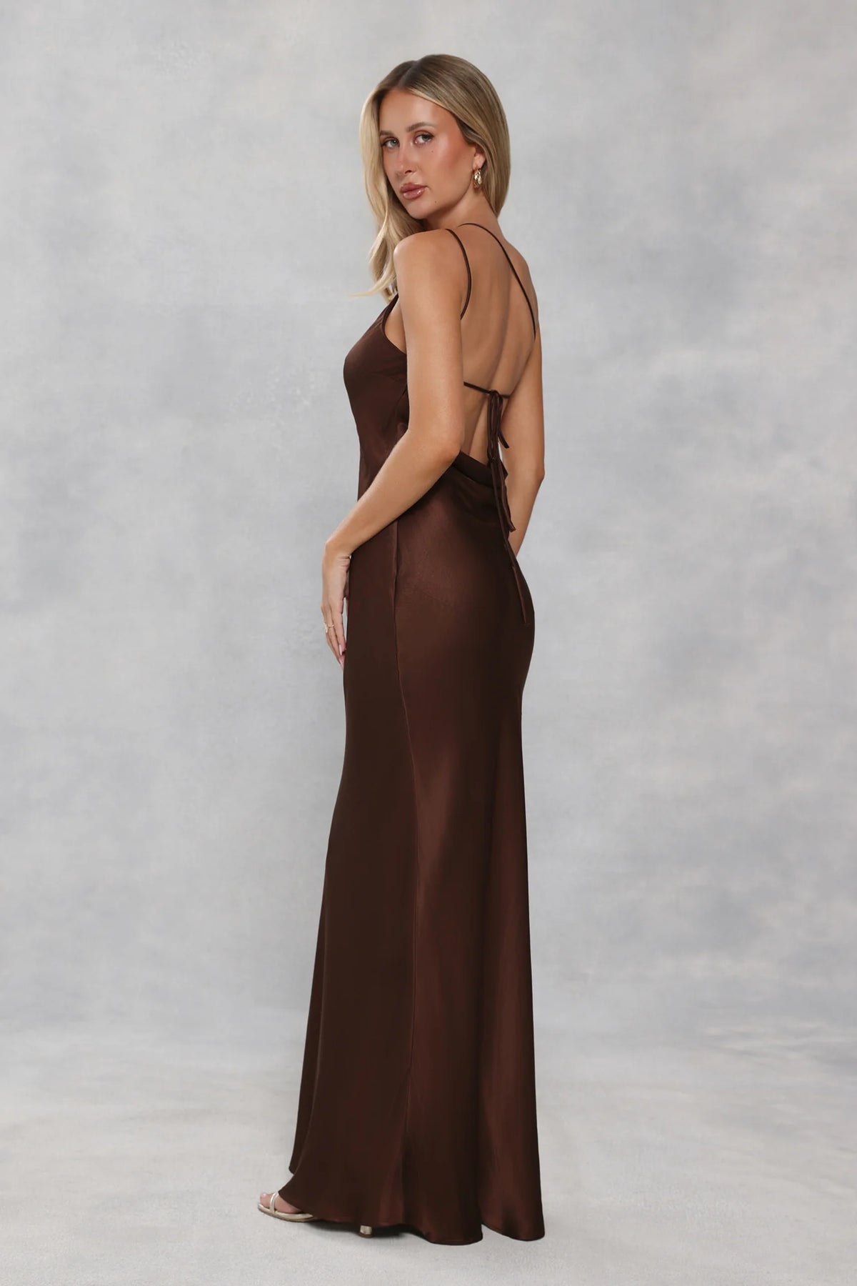 The Evangeline One Shoulder Satin Maxi Dress Chocolate Brown