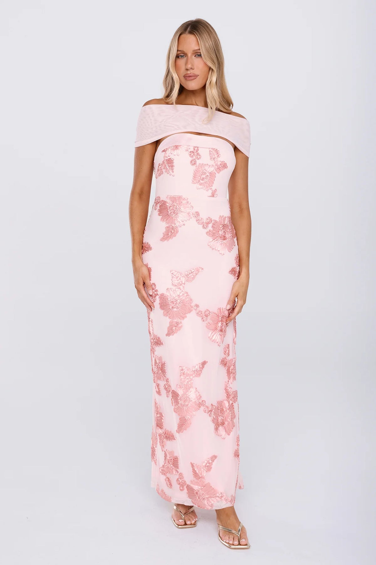 Worth the Plans Mesh Off Shoulder Maxi Dress Pink