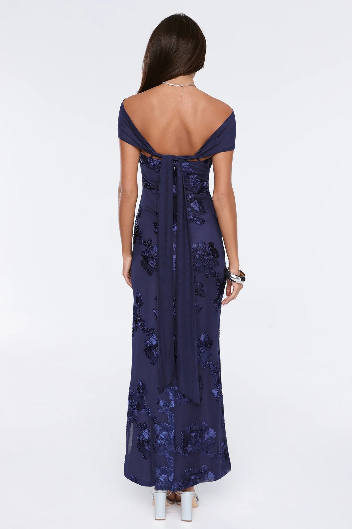 Worth the Plans Mesh Off Shoulder Maxi Dress Navy