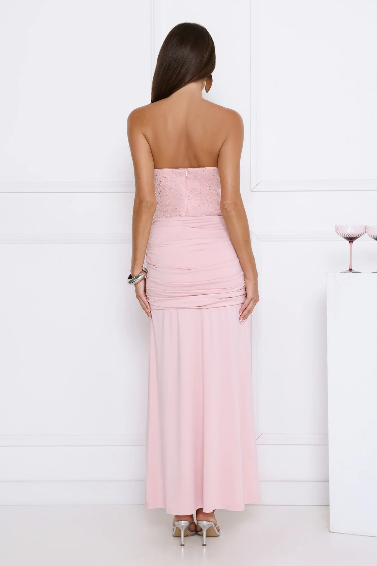 Signature Nights Embellished Strapless Maxi Dress Pink