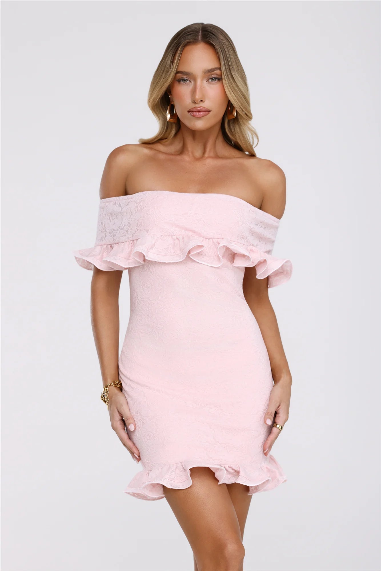 Glimmering Noir Off Shoulder Lace Mini Dress Pink