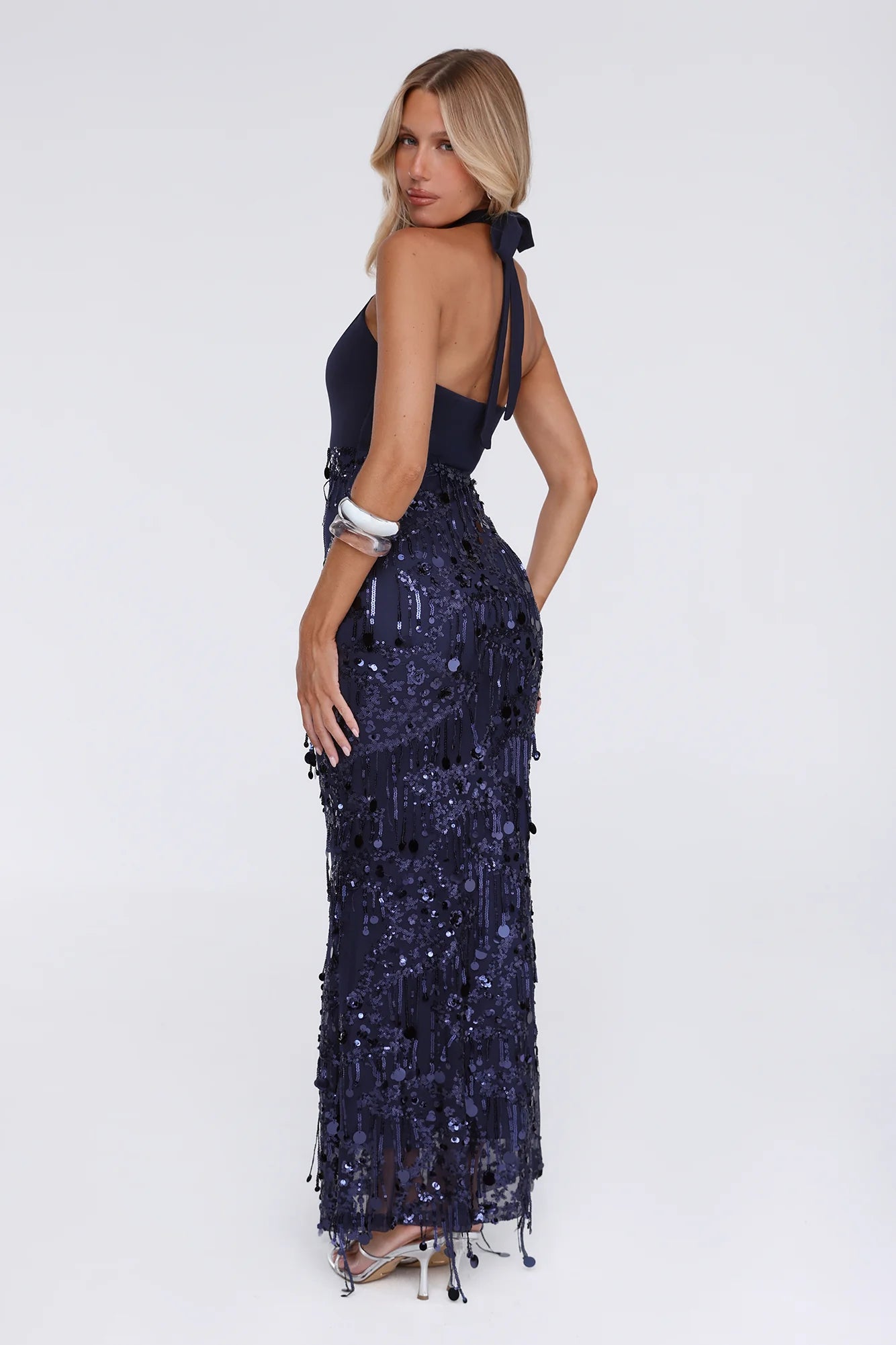 Spin For Me Sequin Halter Maxi Dress Navy