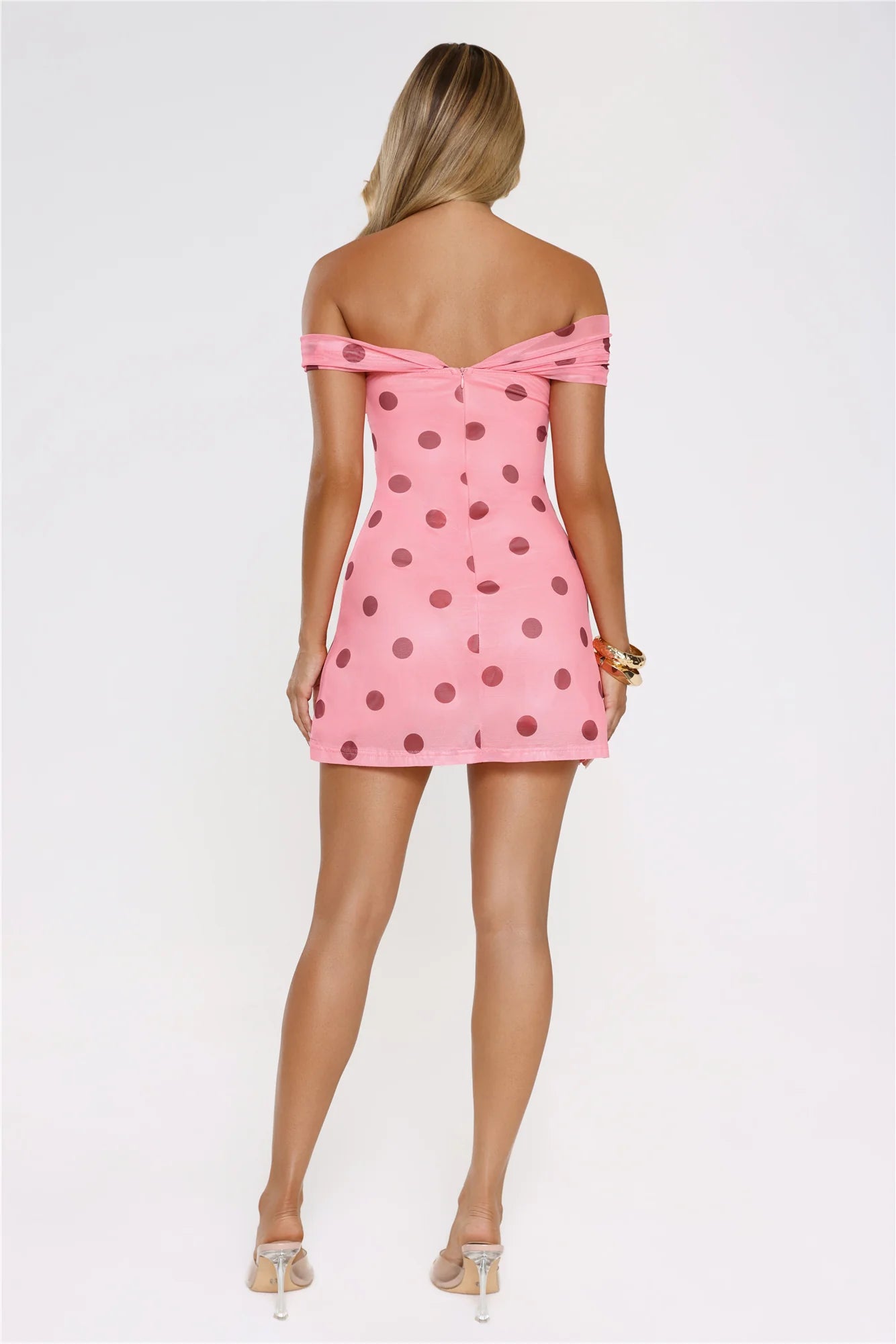 Take The Hint Off Shoulder Mesh Polka Dot Mini Dress Pink