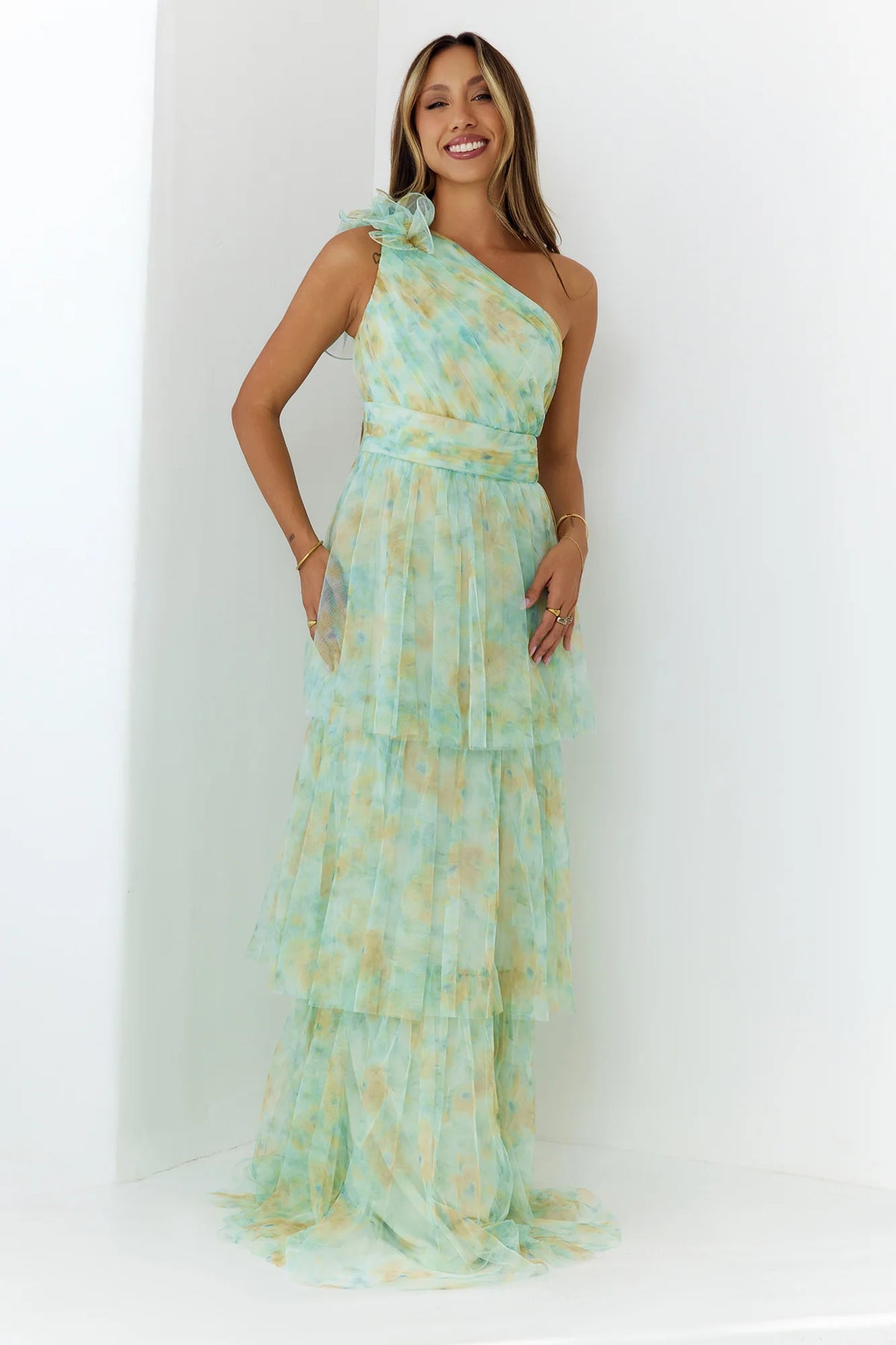 Bloom And Flow One Shoulder Tiered Maxi Dress Green