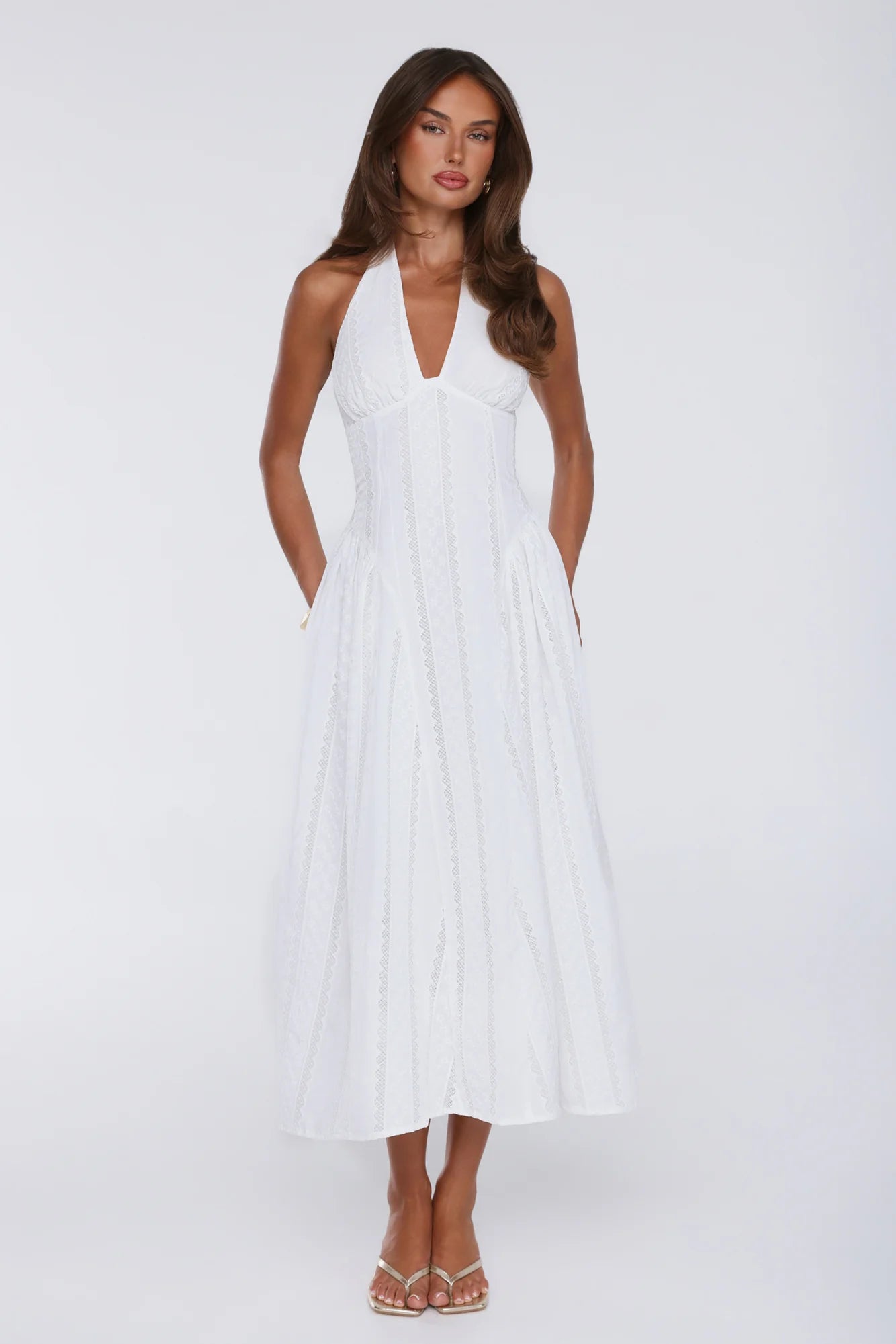 Petal Whimsy Embroidered Halter Maxi Dress White
