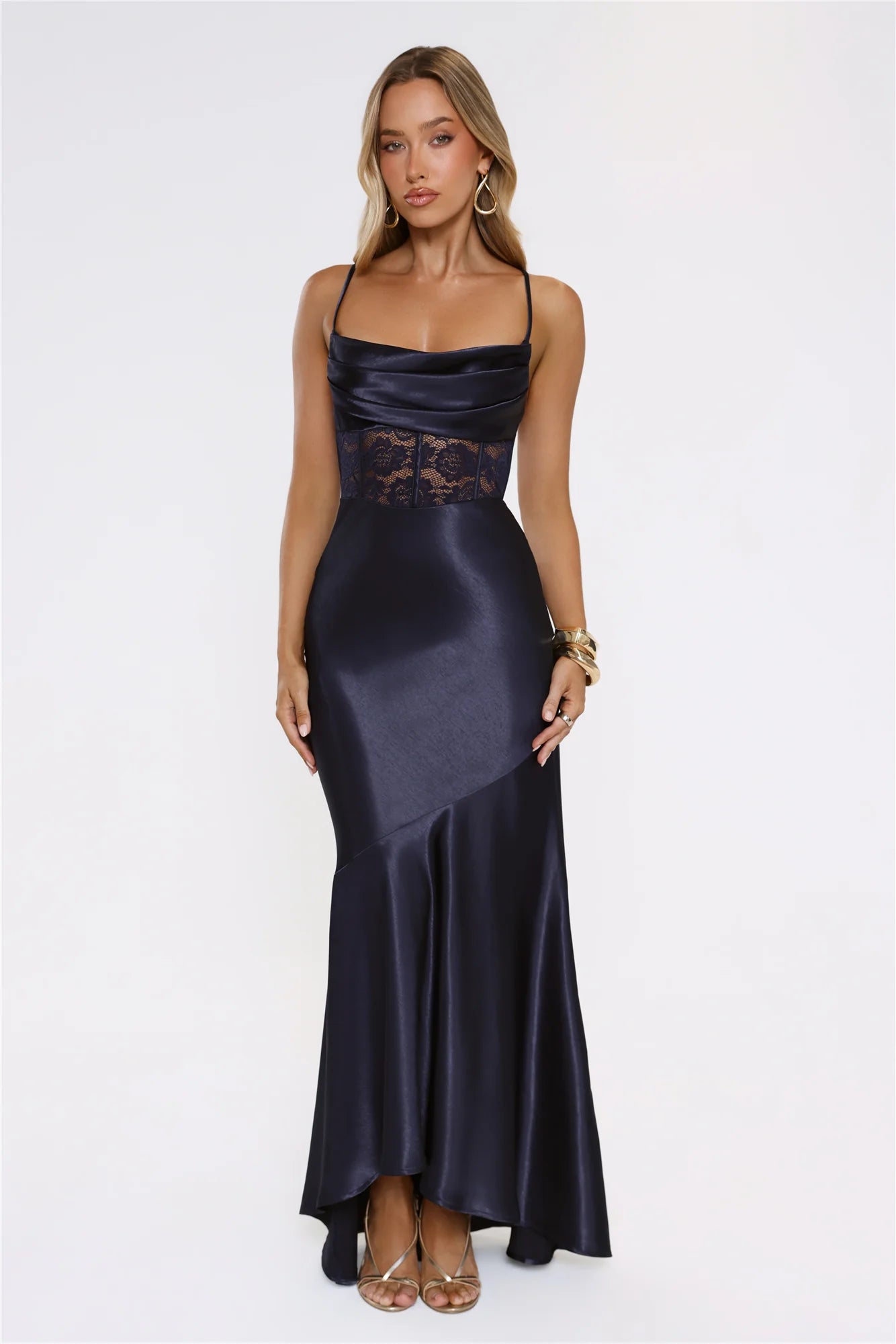 Moments In Silk Satin Maxi Dress Navy