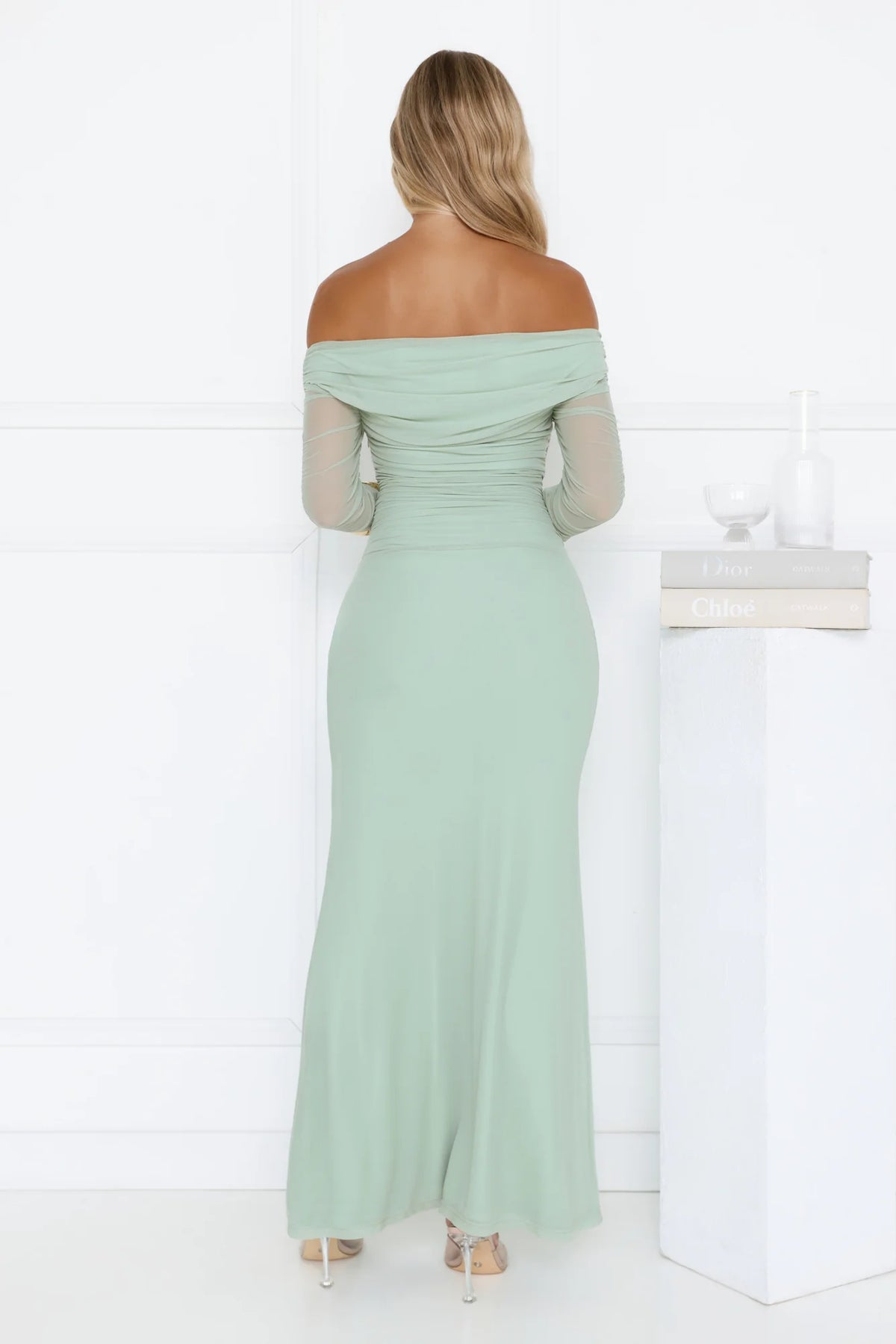 Glam Mesh Off-Shoulder Maxi Dress Mint