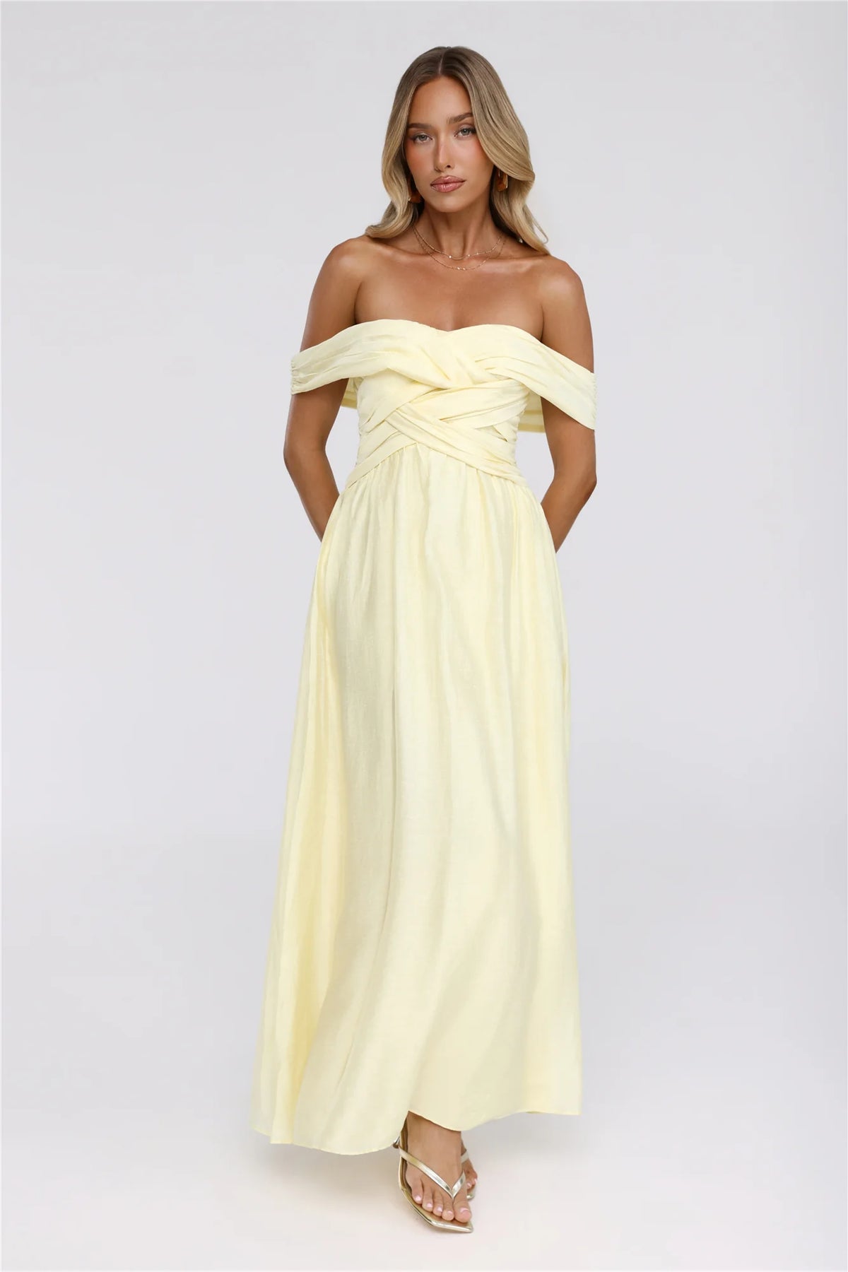 Sand Twirl Off Shoulder Maxi Dress Yellow