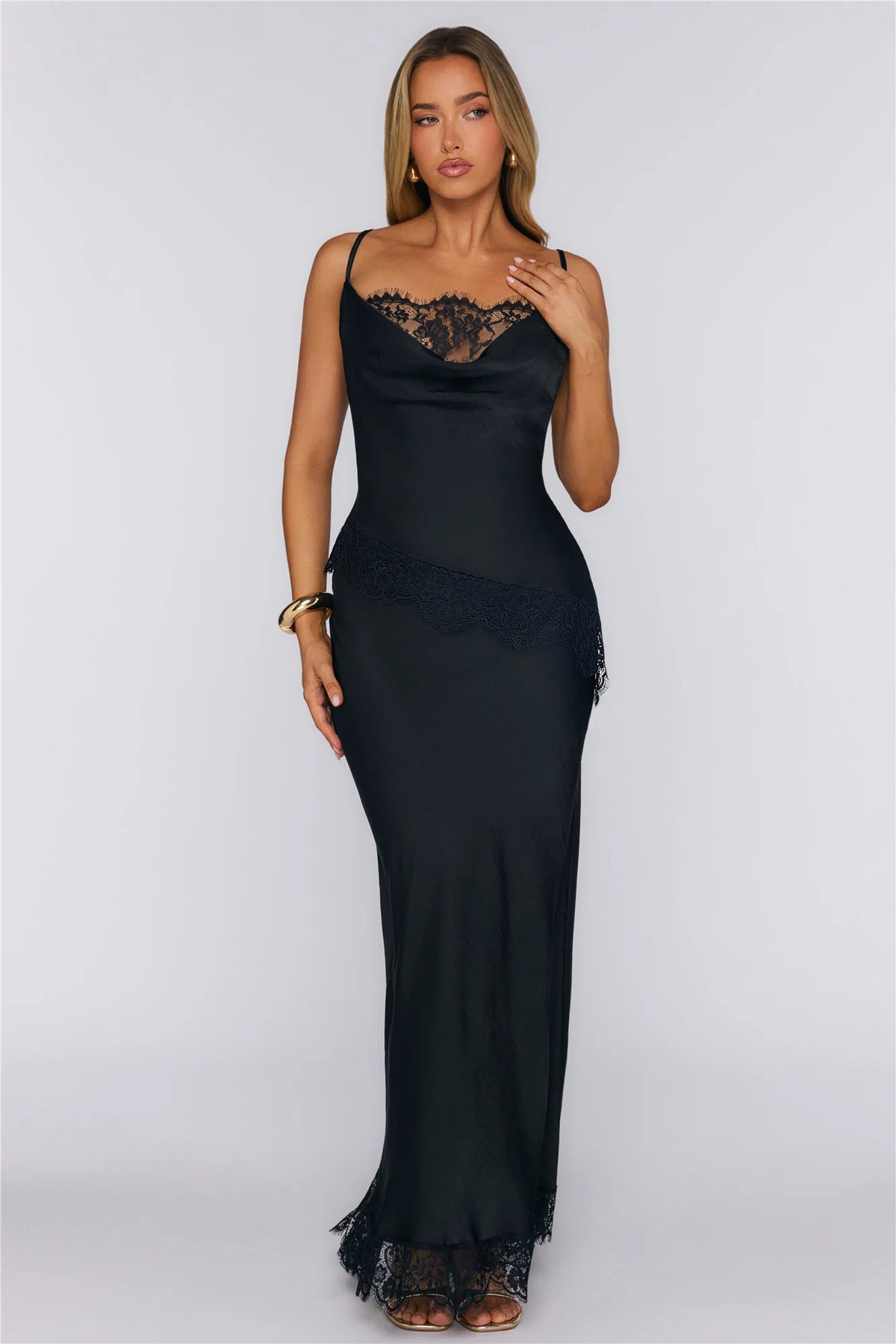 Charm Society Satin Lace Maxi Dress Black
