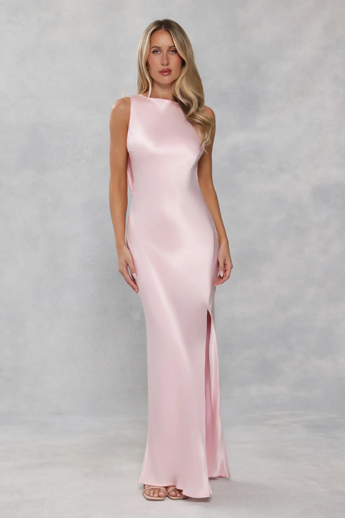 The Blaire Backless Satin Maxi Dress Light Pink