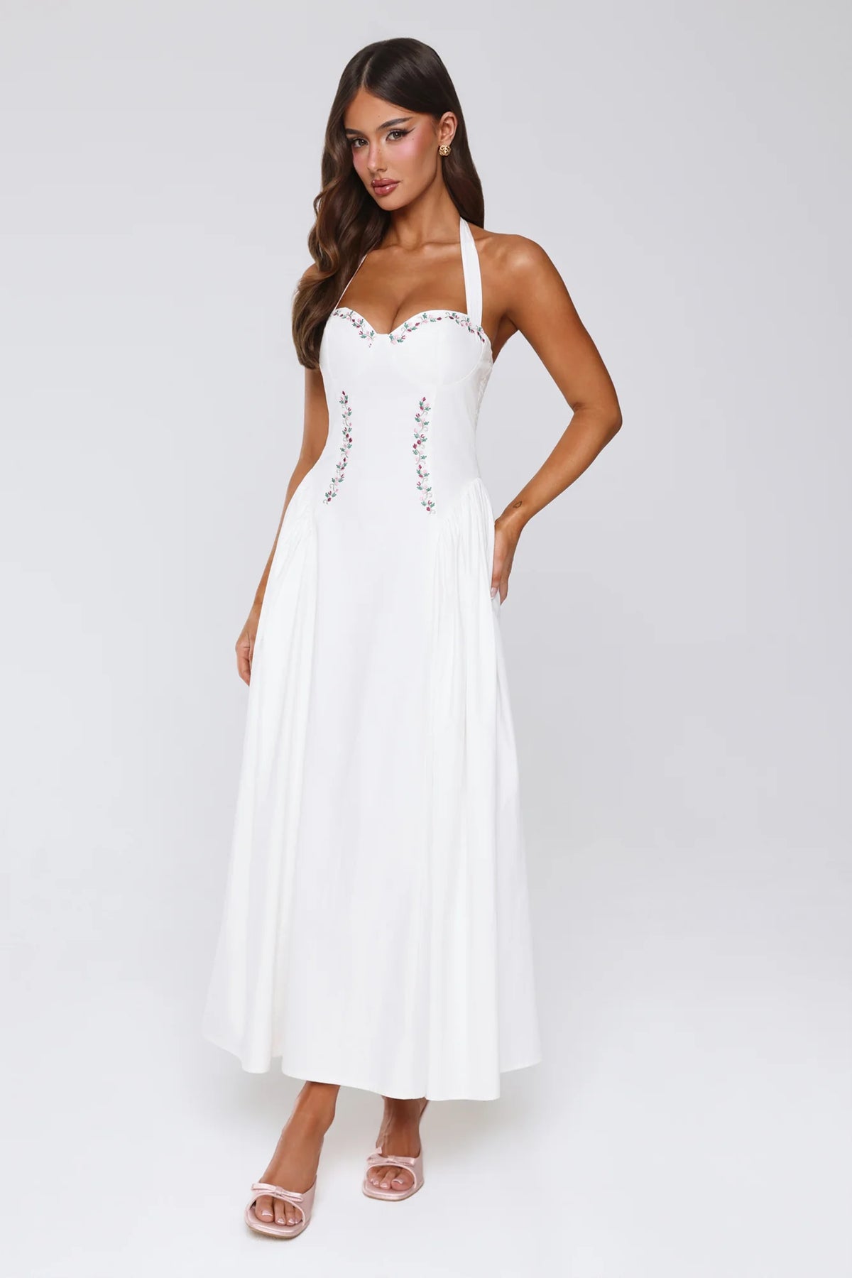 Vintage Fleur Halter Maxi Dress White