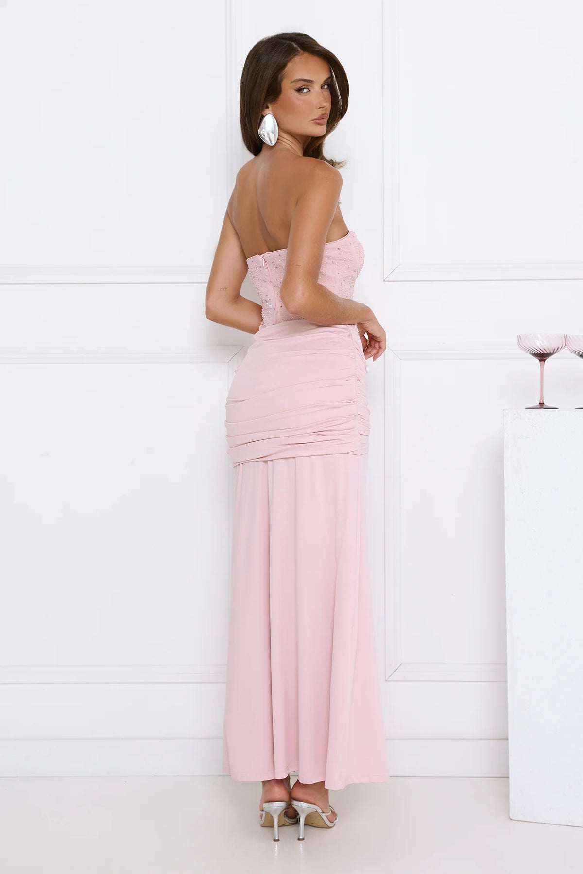 Signature Nights Embellished Strapless Maxi Dress Pink